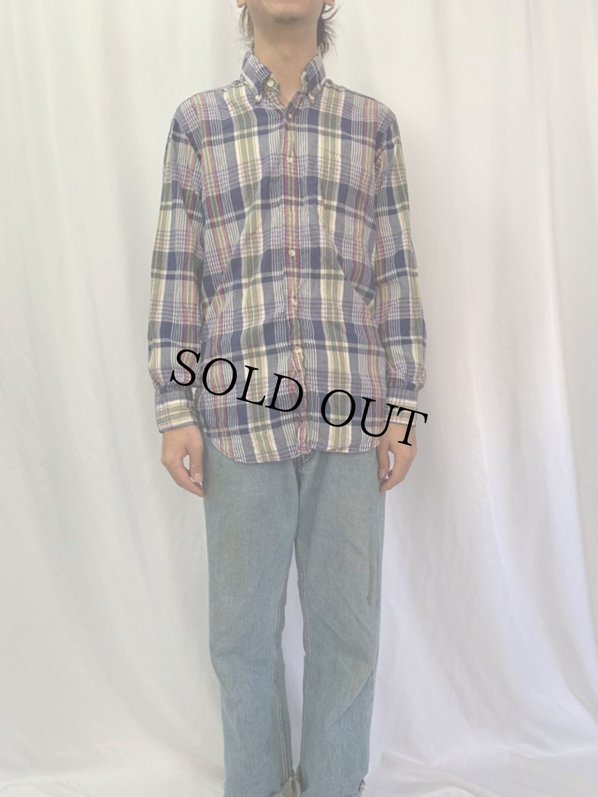 画像2: 70's Louis Wright インディアンマドラスチェック柄 ボタンダウンシャツ M (2)