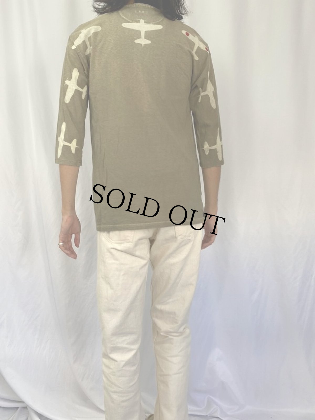 画像4: KAPITAL 戦闘機プリント ヘンリーネック七分袖ロンT (4)