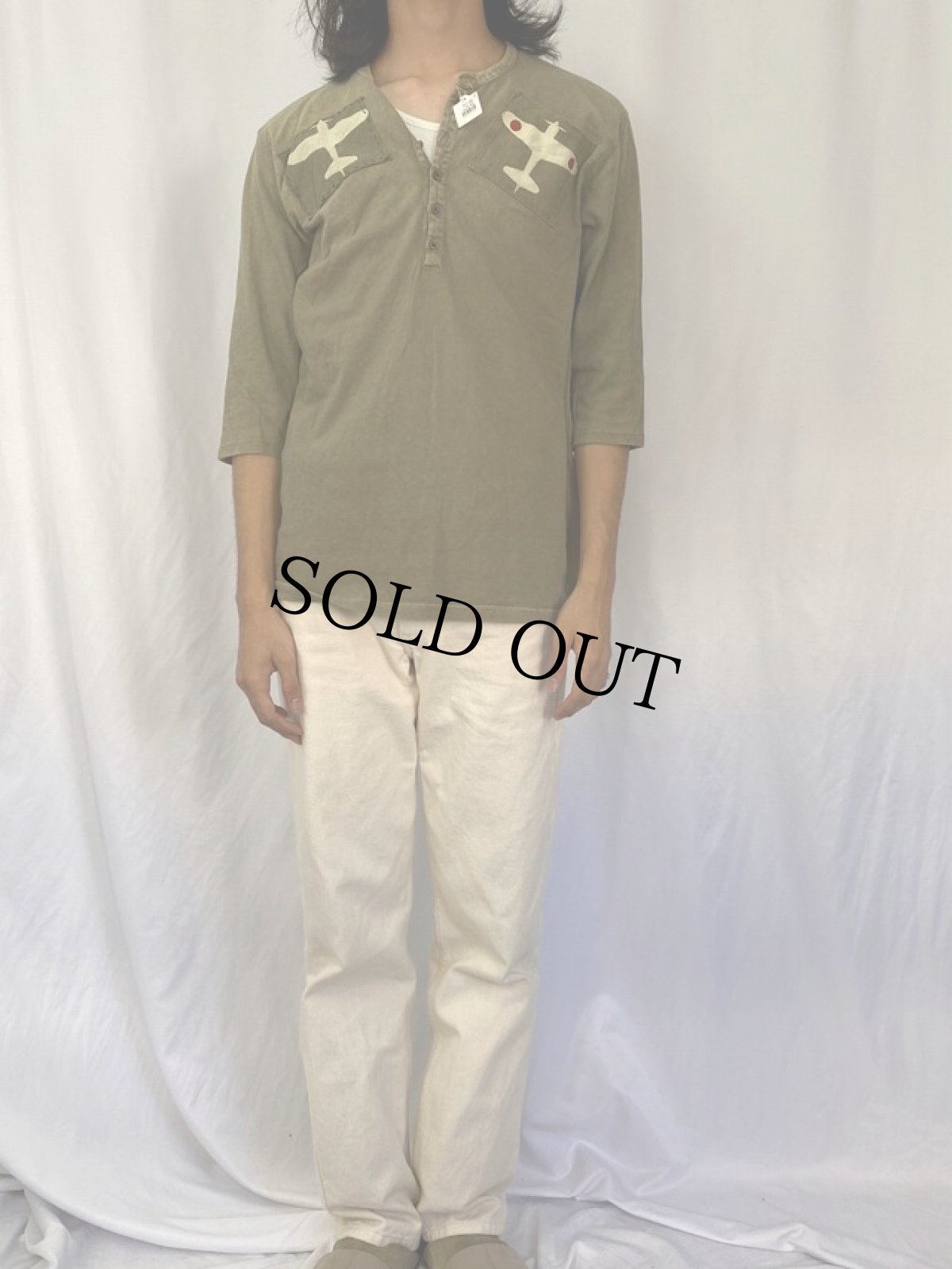 画像2: KAPITAL 戦闘機プリント ヘンリーネック七分袖ロンT (2)