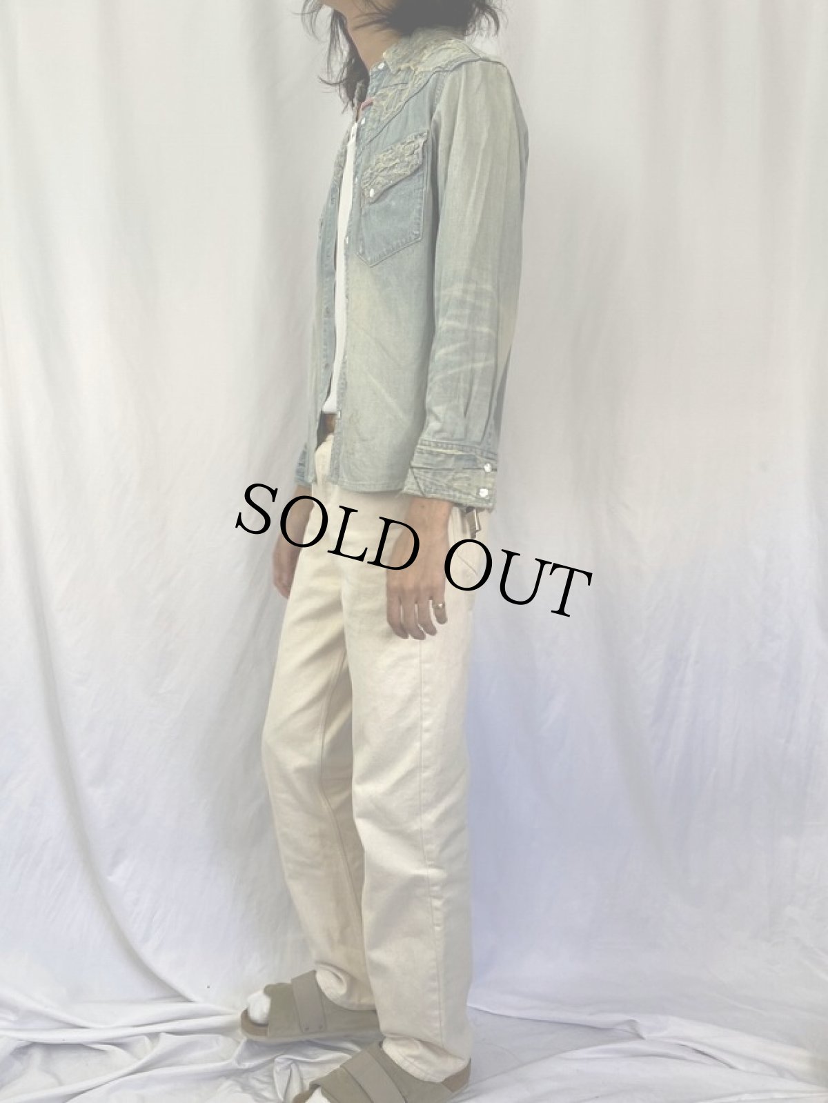 画像3: KAPITAL 襤褸加工 マチ付き デニムウエスタンシャツ M (3)