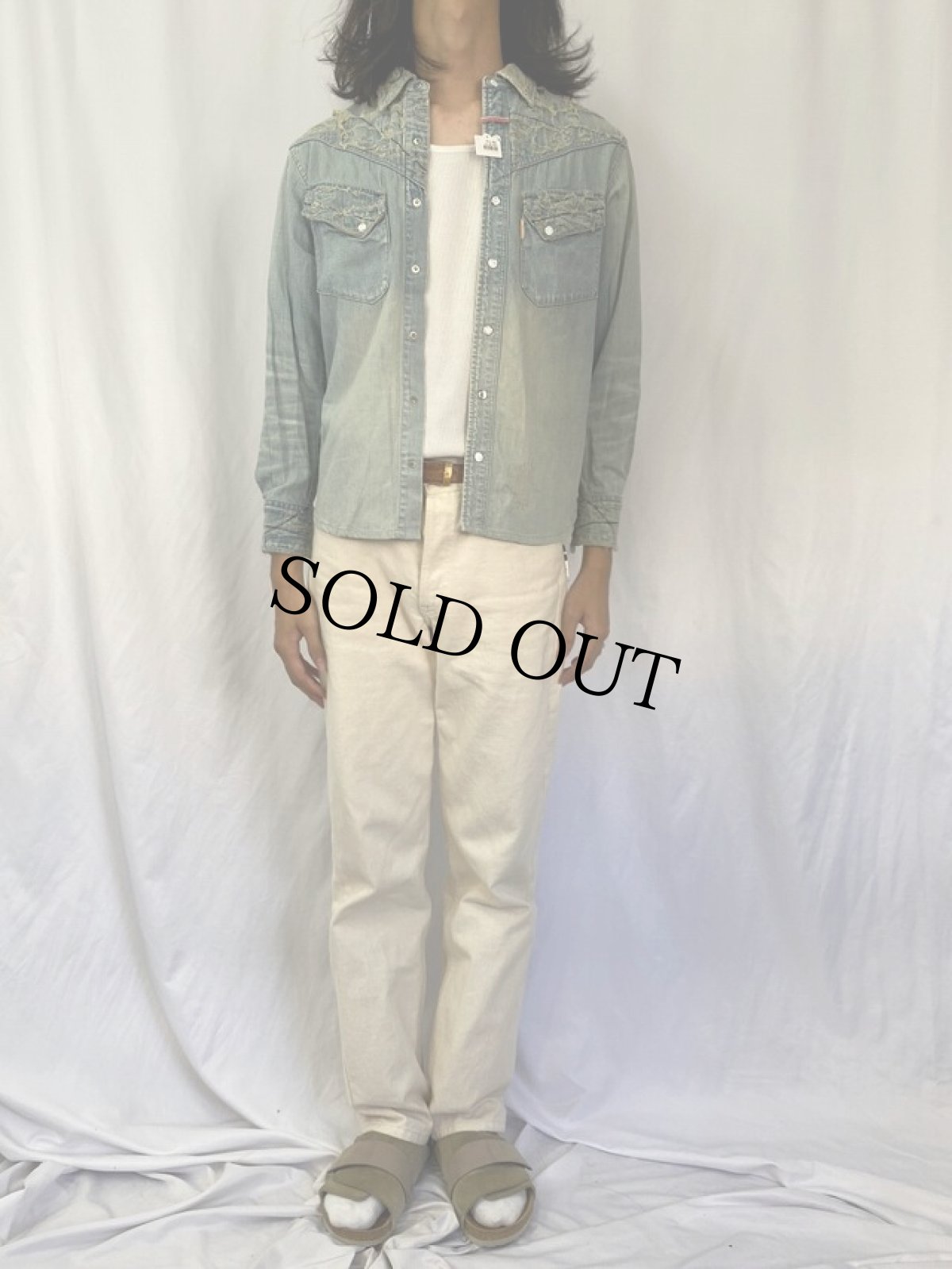 画像2: KAPITAL 襤褸加工 マチ付き デニムウエスタンシャツ M (2)