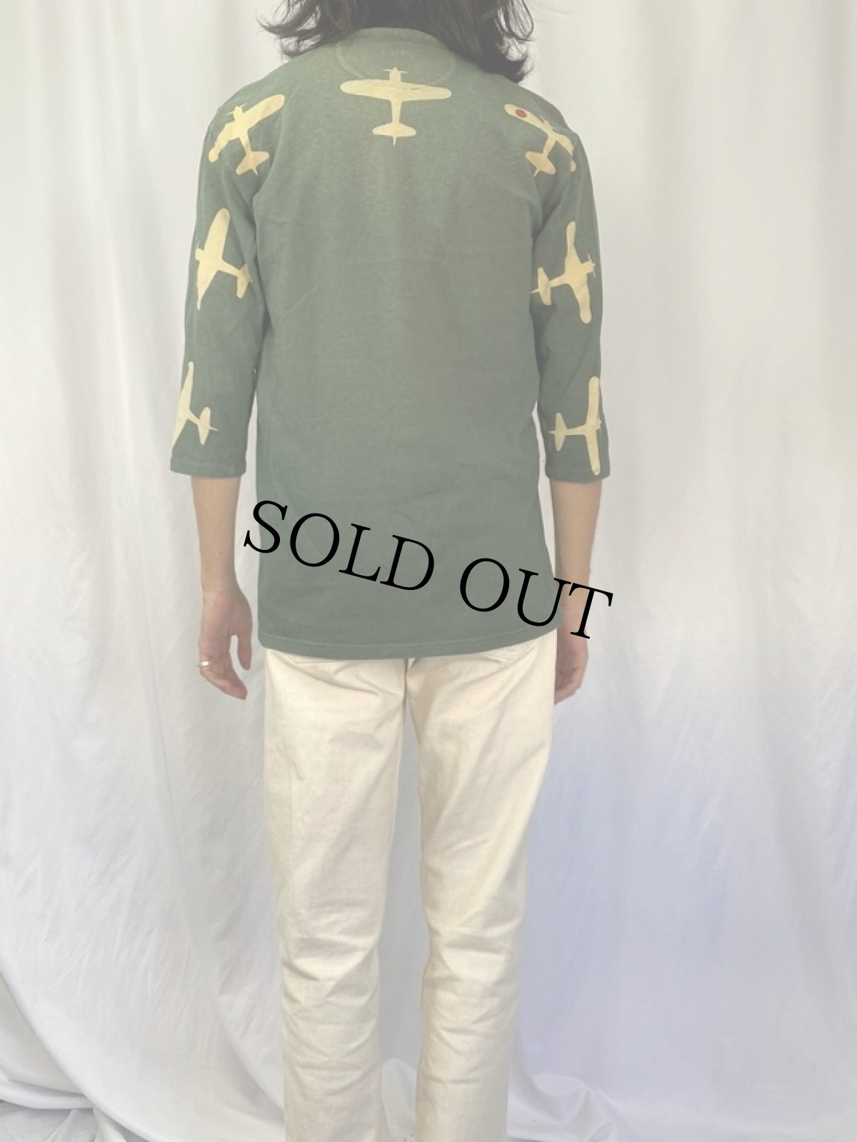 画像4: KAPITAL 戦闘機プリント ヘンリーネック七分袖ロンT (4)