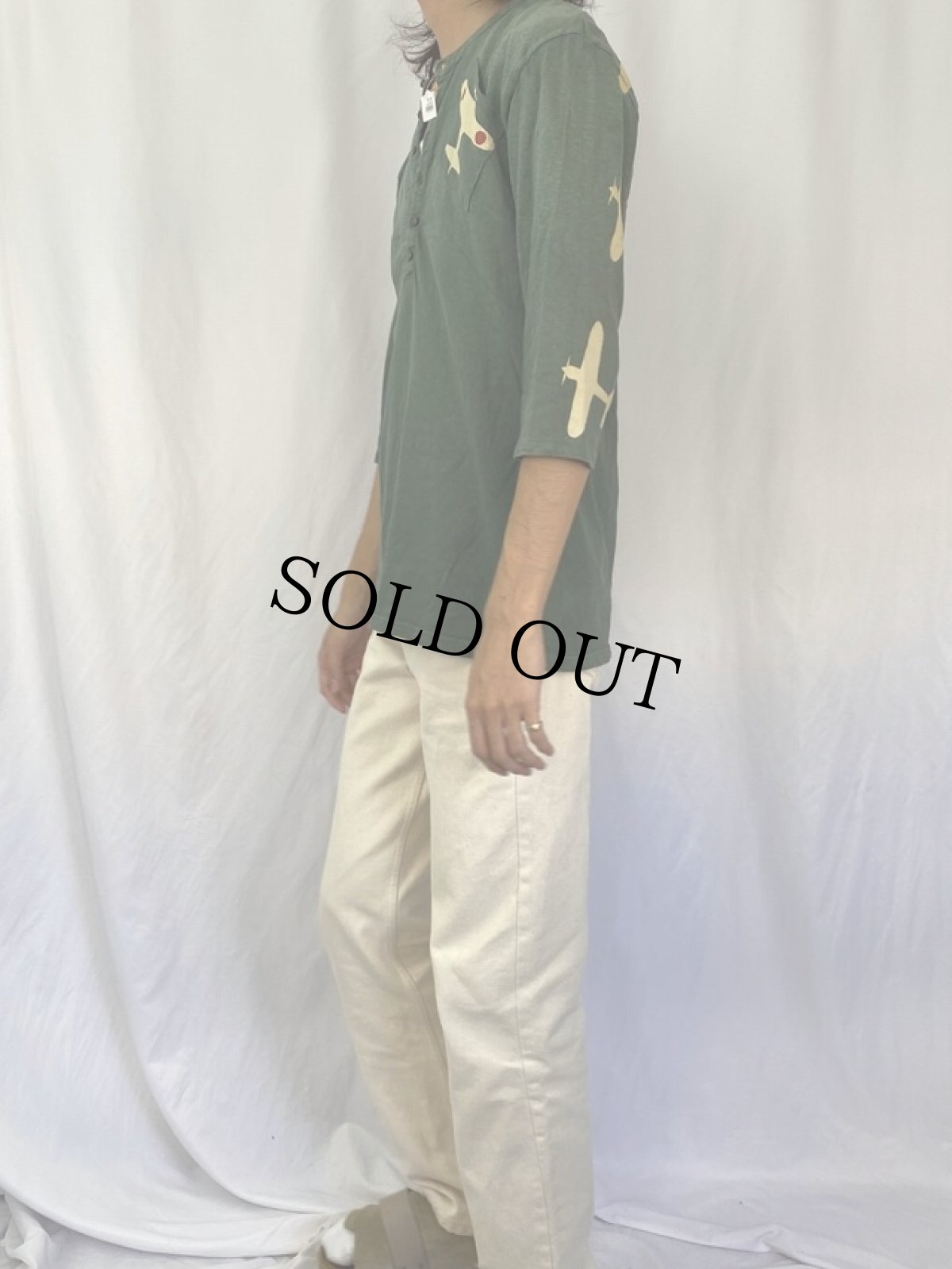 画像3: KAPITAL 戦闘機プリント ヘンリーネック七分袖ロンT (3)