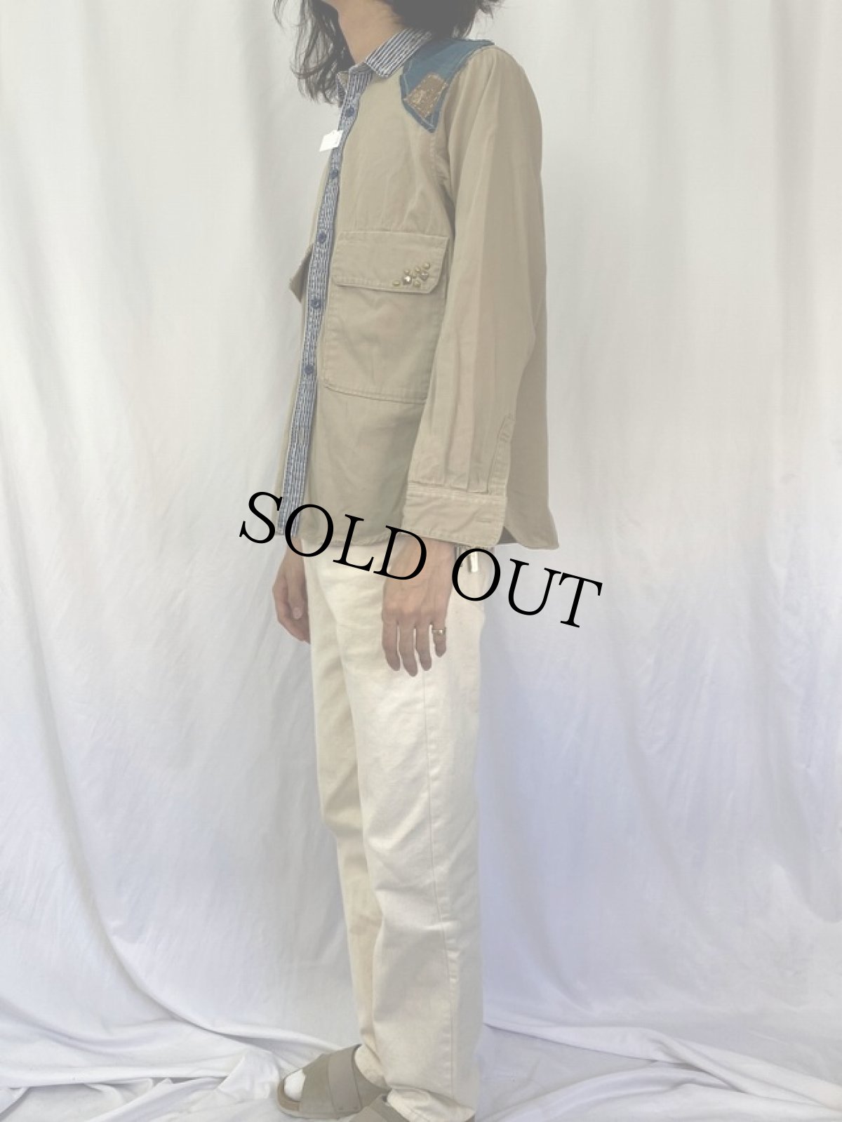 画像3: KAPITAL インディゴリネンパッチワーク ワークシャツ (3)