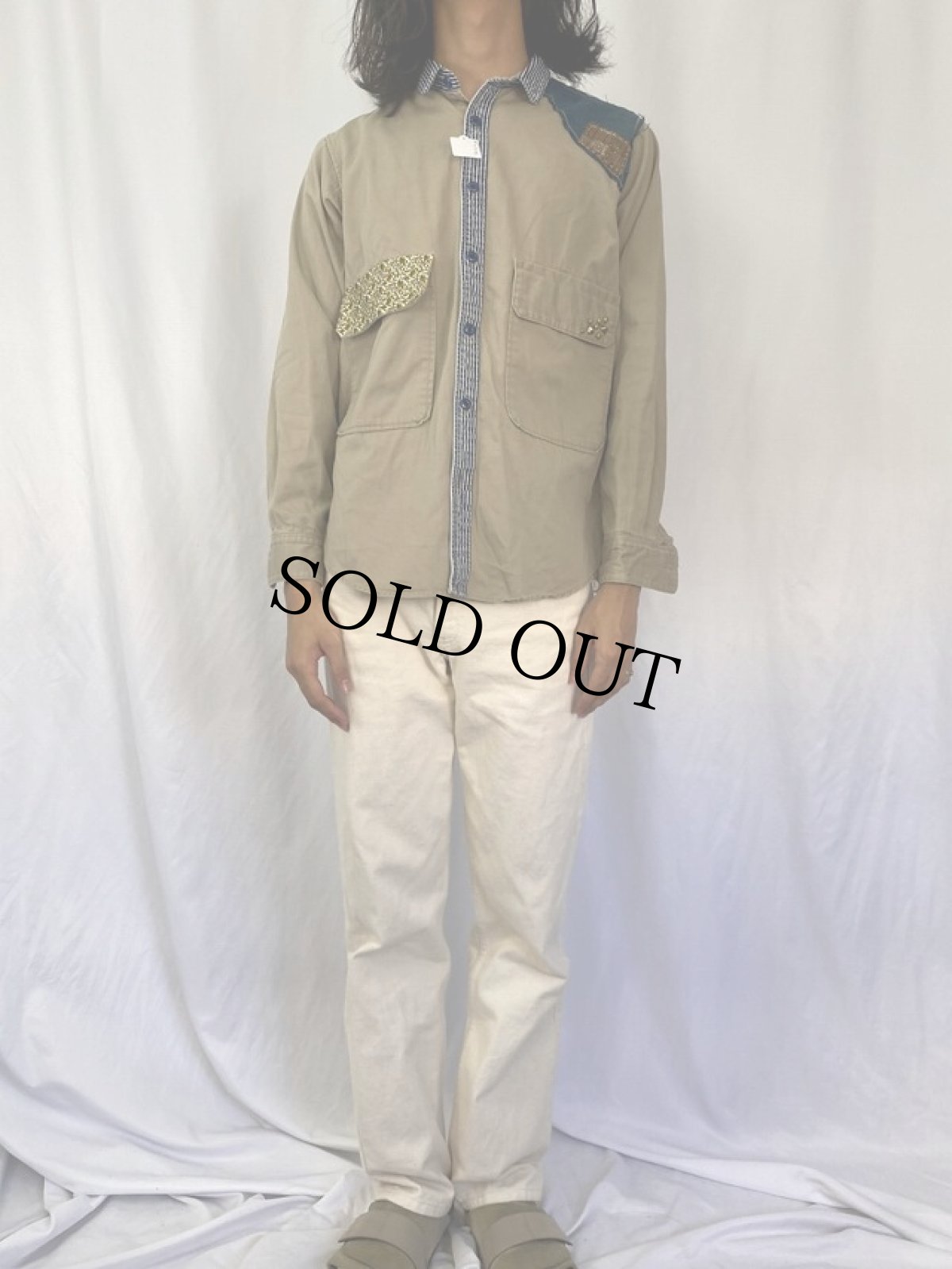 画像2: KAPITAL インディゴリネンパッチワーク ワークシャツ (2)