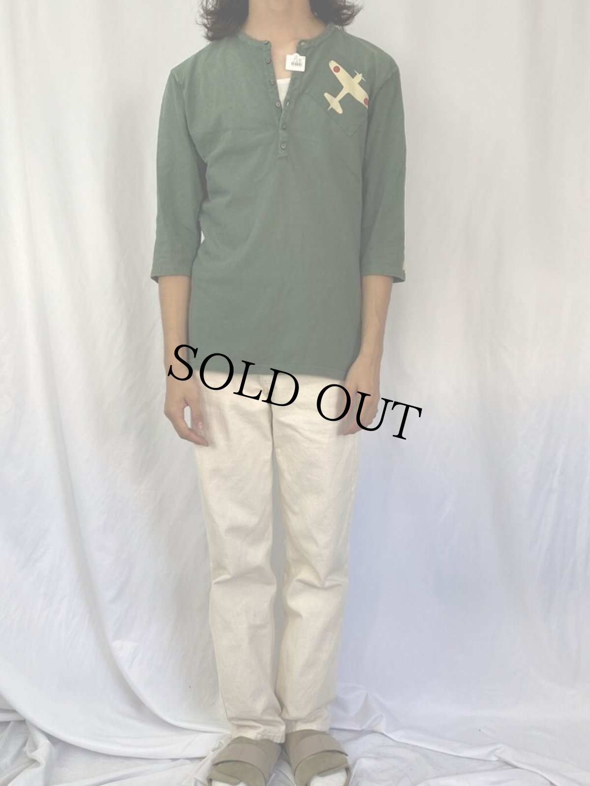 画像2: KAPITAL 戦闘機プリント ヘンリーネック七分袖ロンT (2)