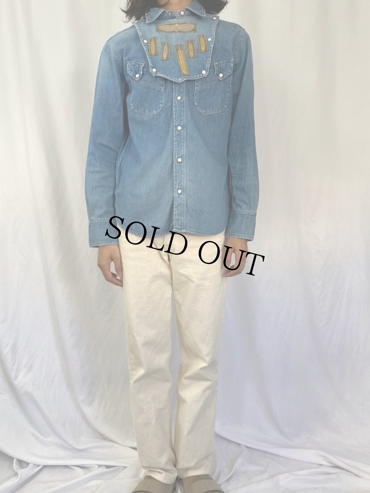 画像2: KAPITAL " FEATHER JEWEL" ビブフロント デニムウエスタンシャツ M (2)