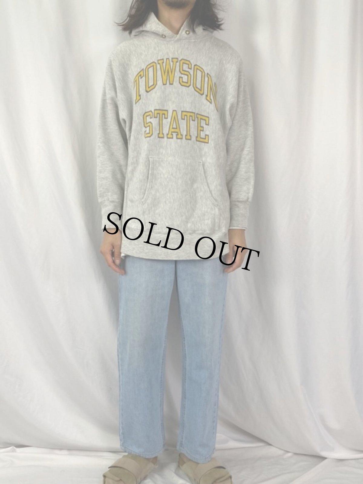 画像2: 80's Champion REVERSE WEAVE トリコタグ USA製 "TOWSON STATE" 染み込みプリント スウェットフーディー L (2)