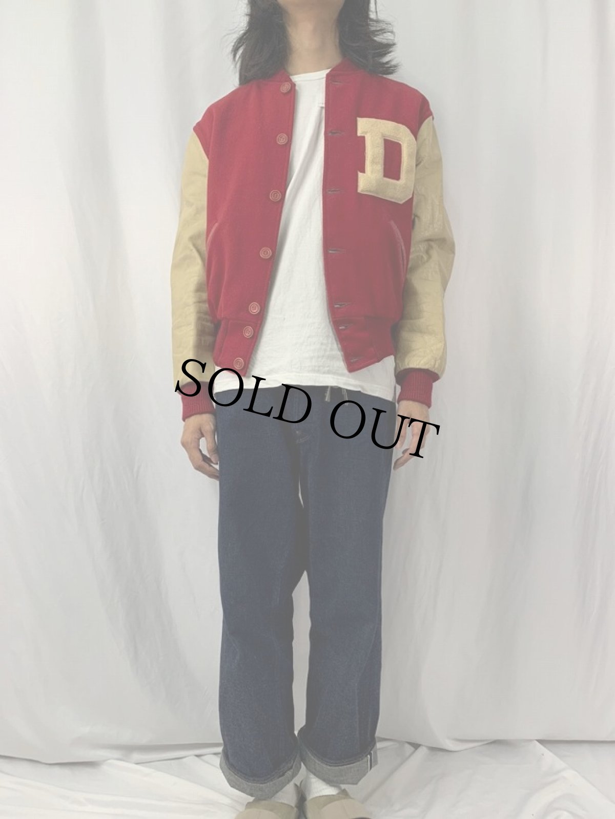 画像2: 50〜60's Burean Holloway パッチ付き ウール×レザーボタンスタジャン SIZE42 (2)