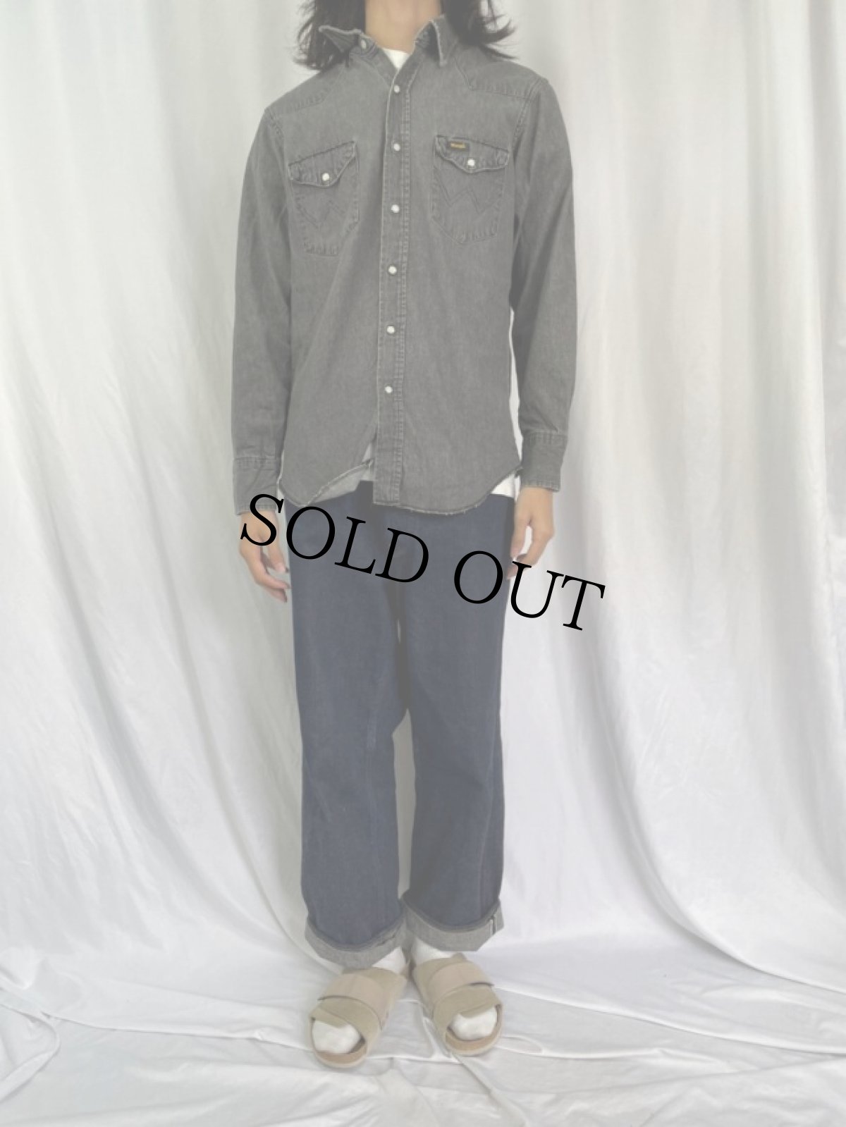 画像2: 80's Wrangler USA製 ブラックデニムウエスタンシャツ SIZE16-34 (2)