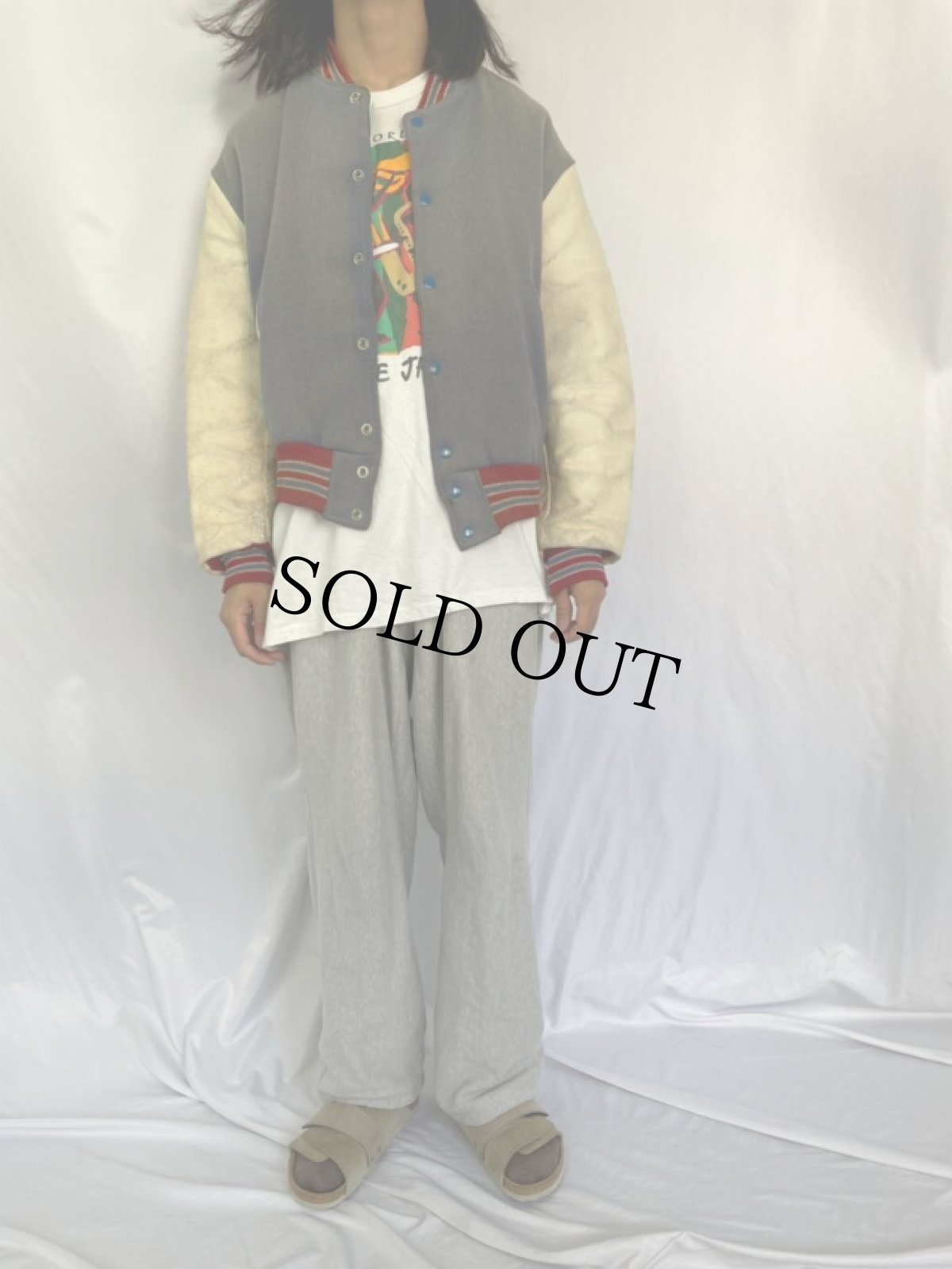 画像2: 60's PENNY'S 袖レザー メルトンスタジャン 無地 (2)