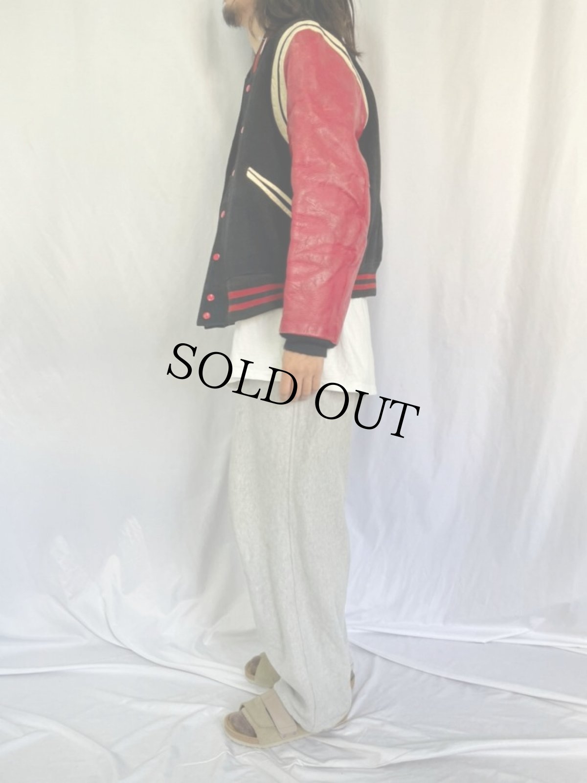 画像4: 70's SWEENEY SPORTSWEAR ワッペン付き 袖レザー メルトンスタジャン BLACK SIZE42 (4)