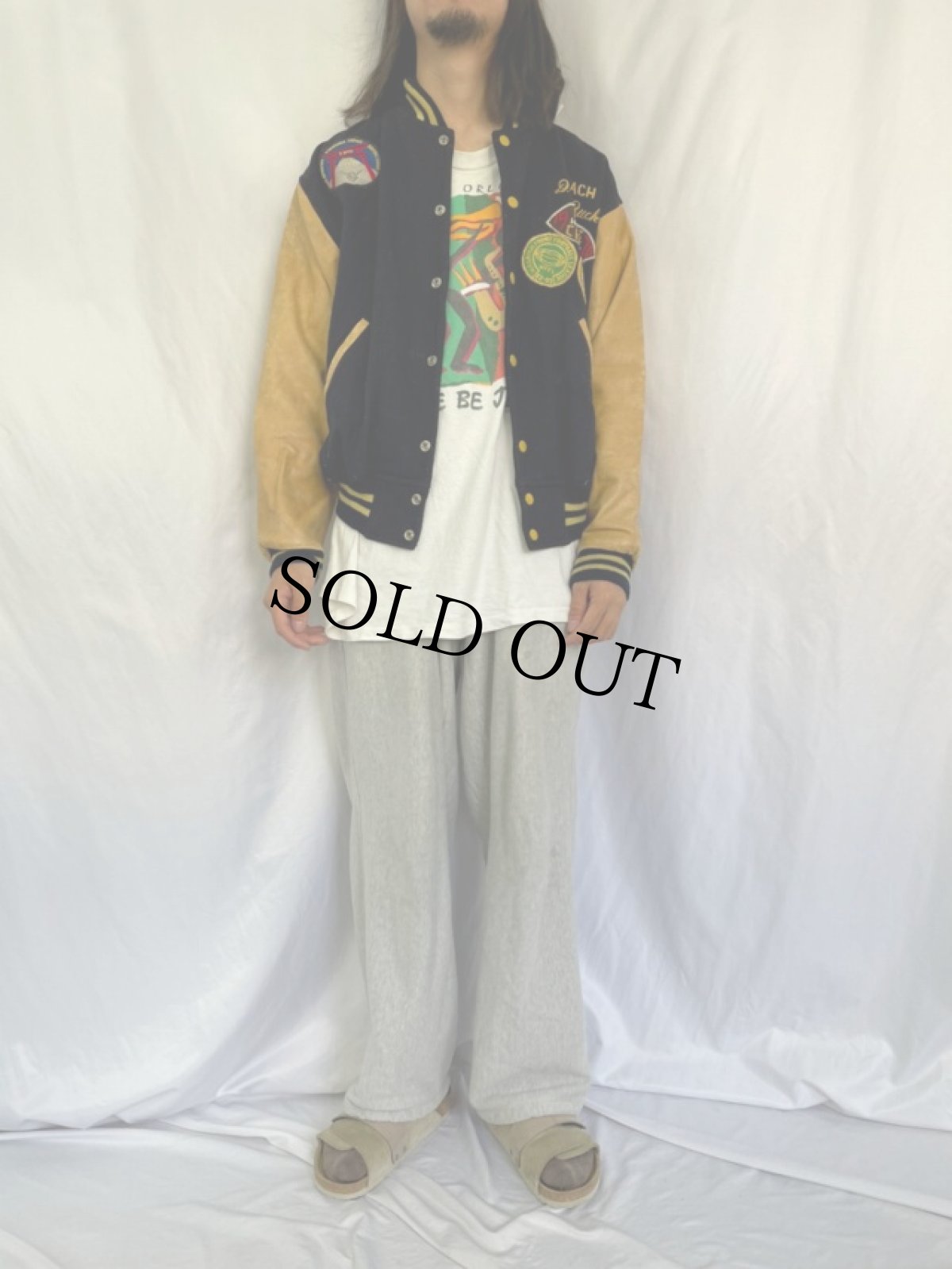 画像2: 80's ワッペン付き 袖レザー メルトンスタジャン NAVY (2)