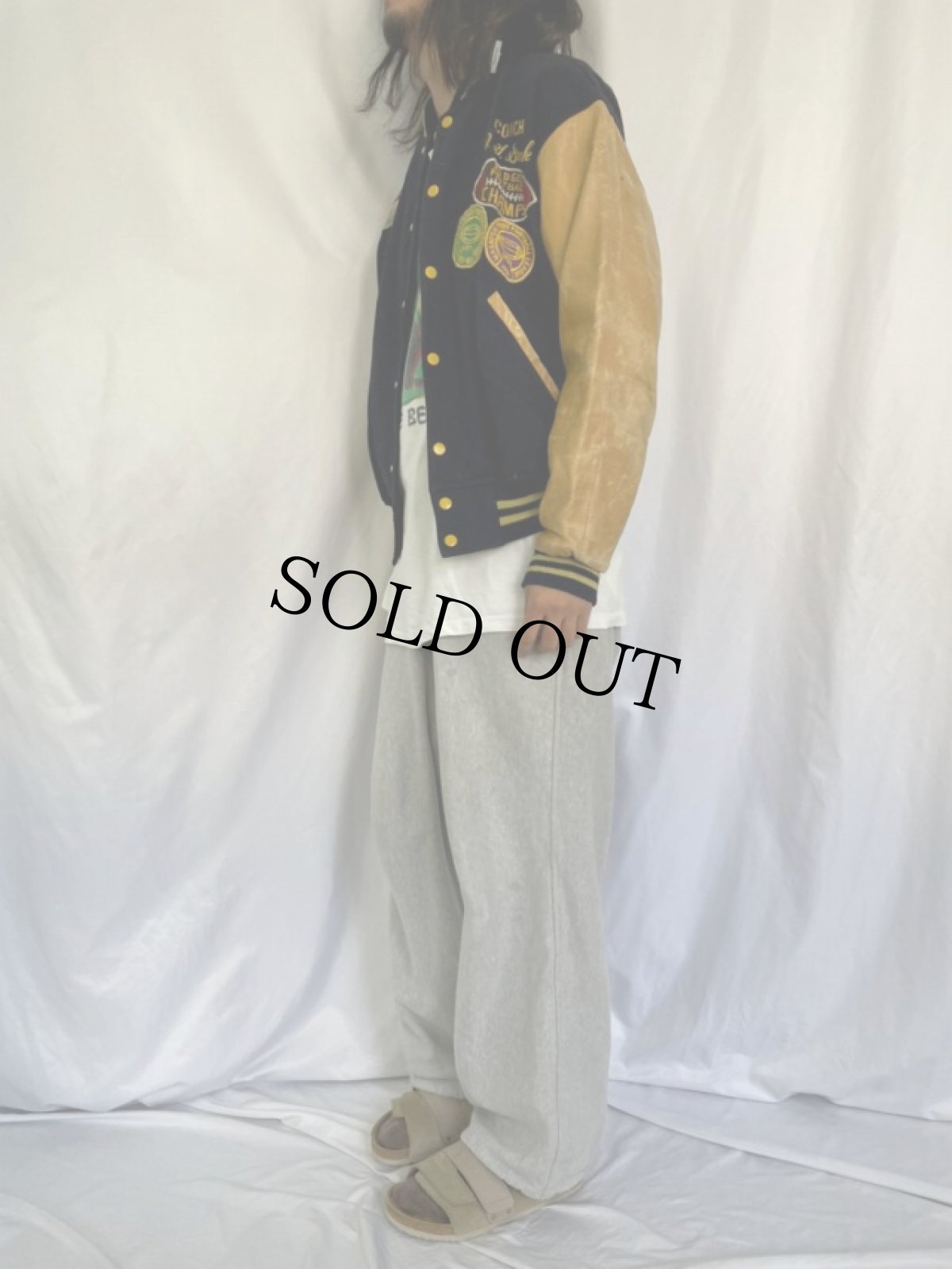 画像3: 80's ワッペン付き 袖レザー メルトンスタジャン NAVY (3)