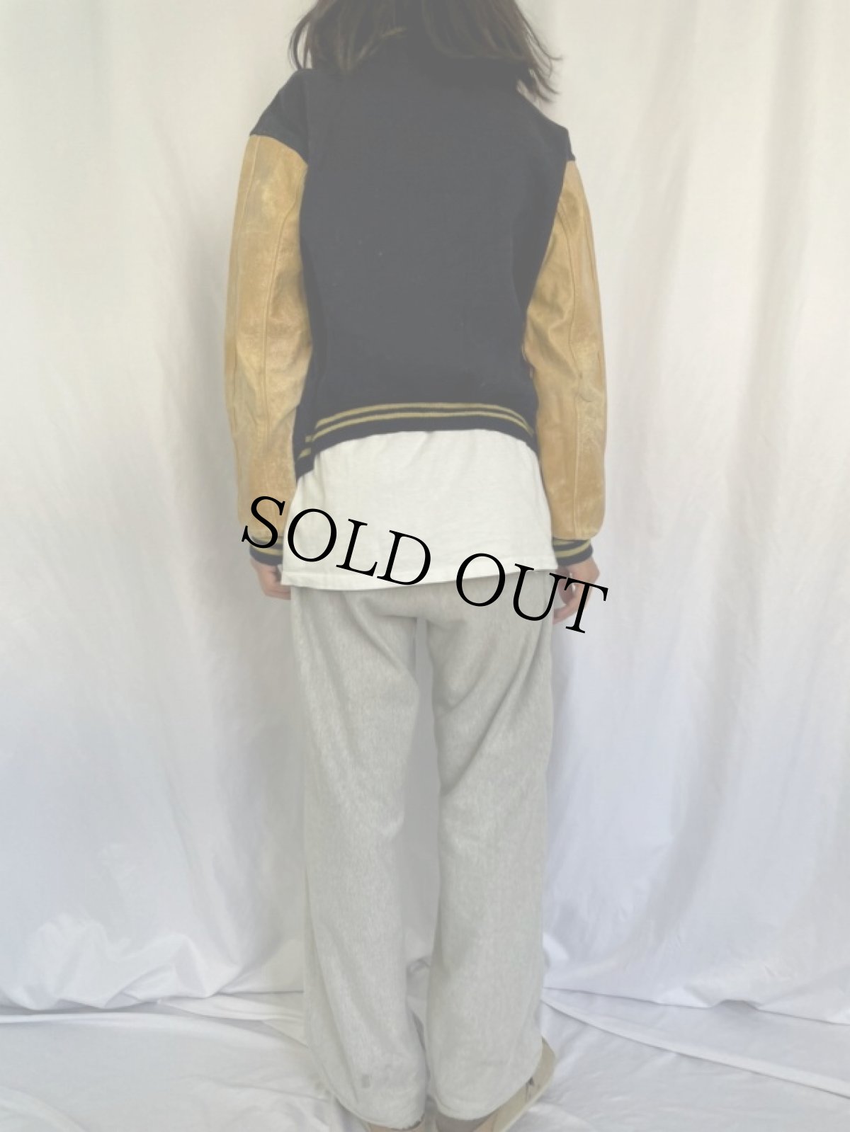 画像4: 80's ワッペン付き 袖レザー メルトンスタジャン NAVY (4)