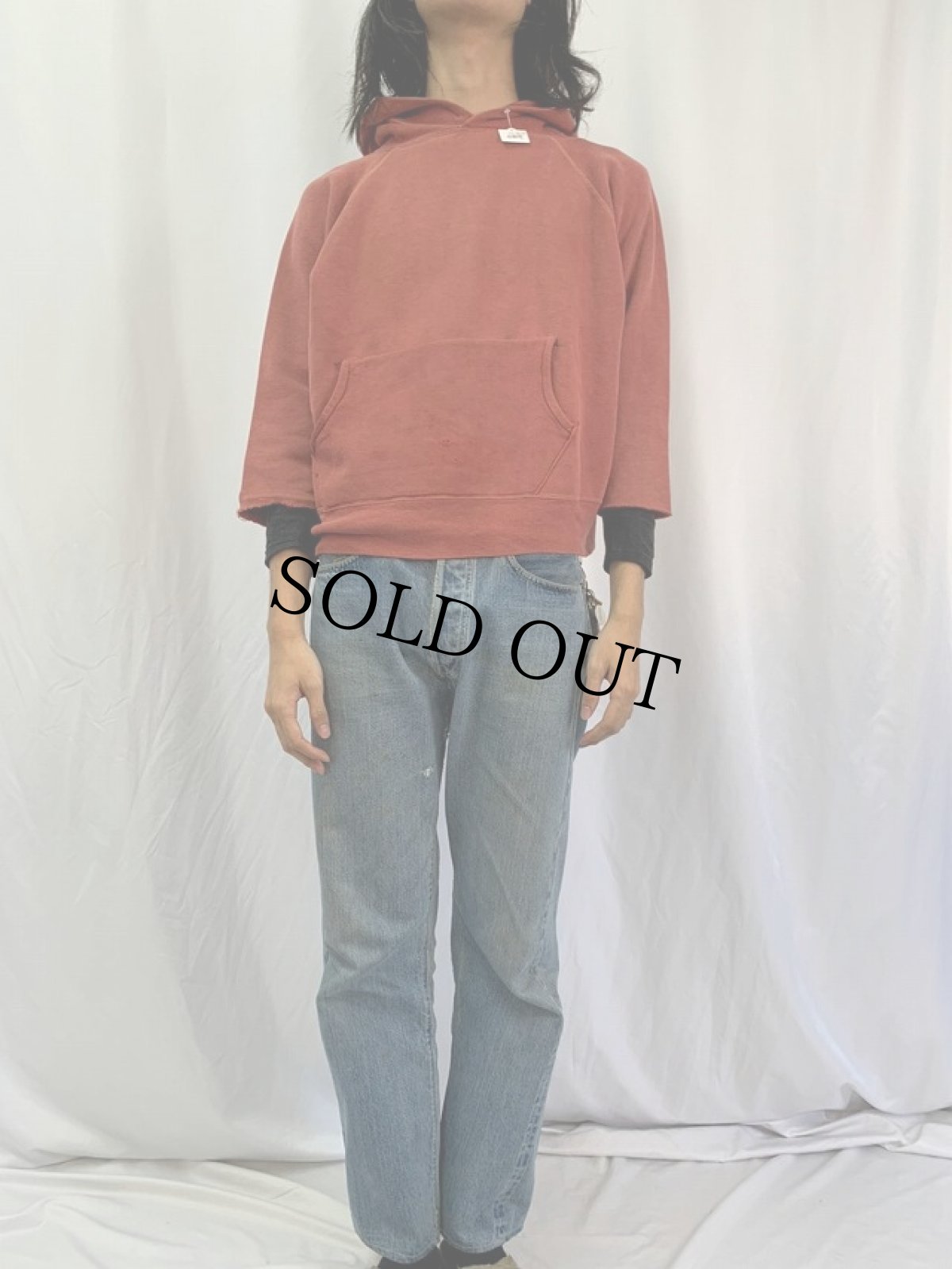 画像2: 60's〜 カットオフ ラグランスウェットフーディー 無地 (2)