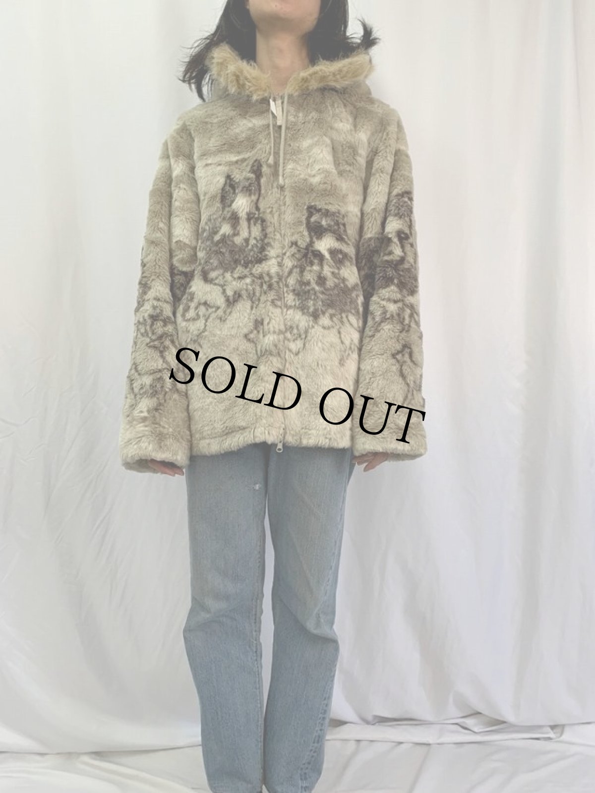 画像2: オオカミ柄 フェイクファー エスキモージャケット XL (2)