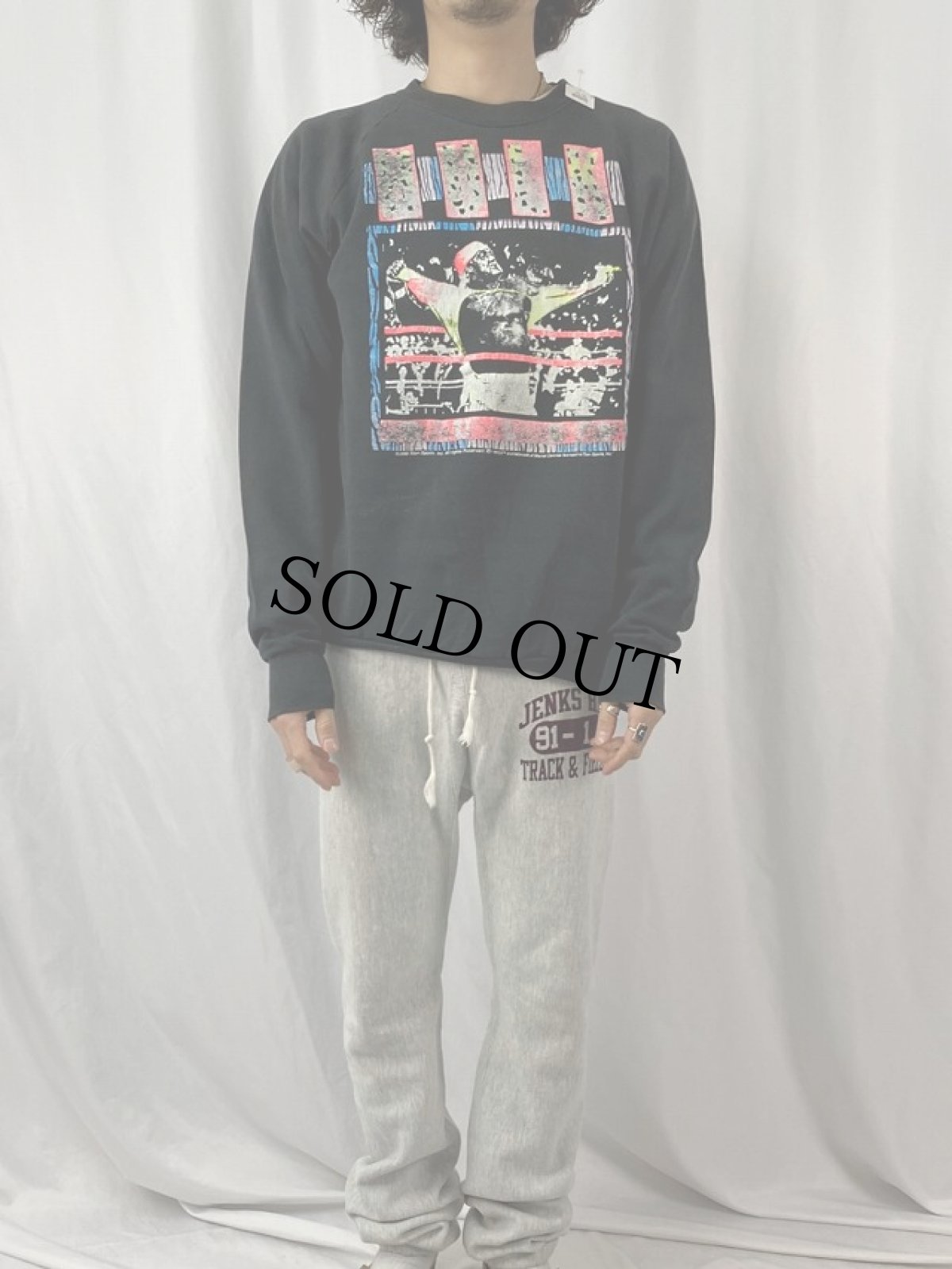 画像2: 90's "Hulk Hogan" プロレスラープリント ラグランスウェット BLACK (2)