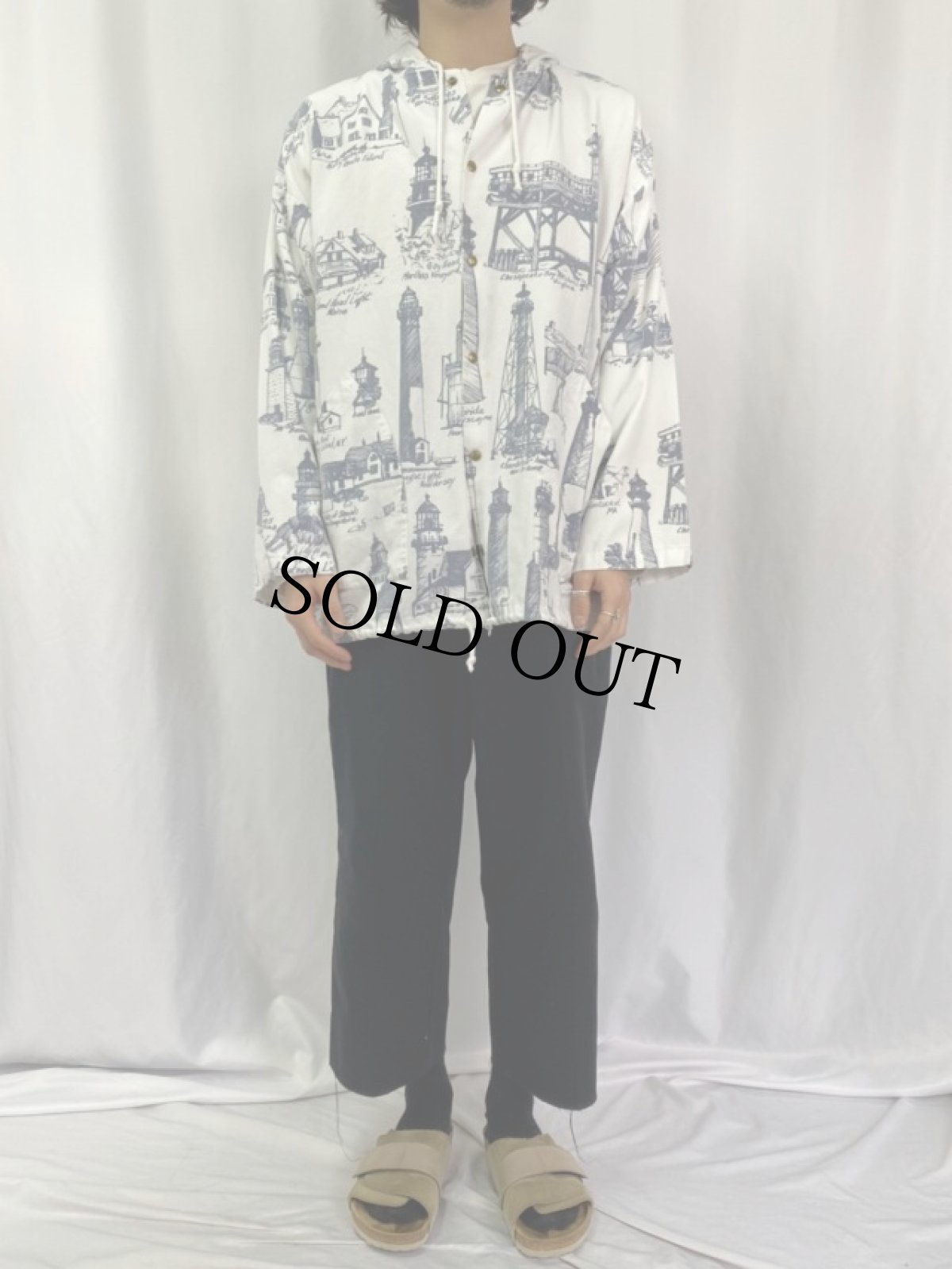 画像2: 80〜90's MICHIGAN RAG USA製 ライトハウス柄 フーディージャケット (2)