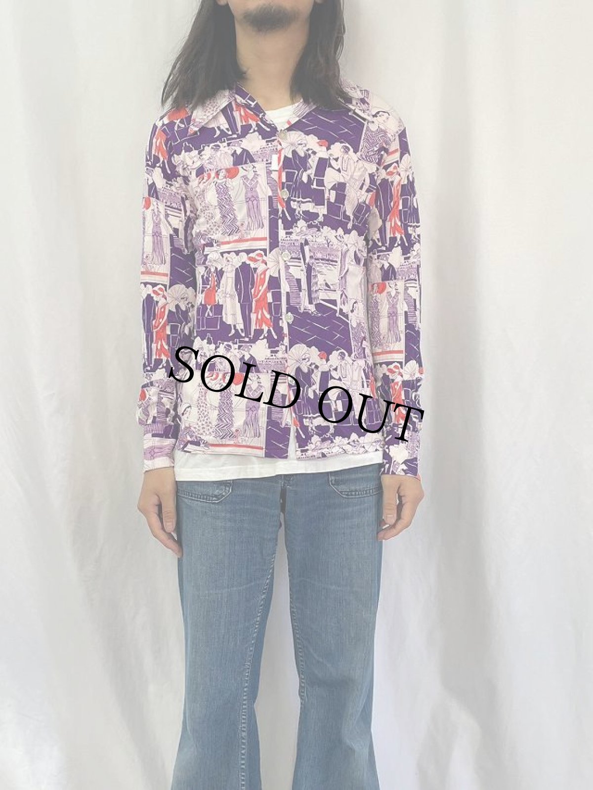 画像2: 70's イラスト総柄 ポリシャツ M (2)