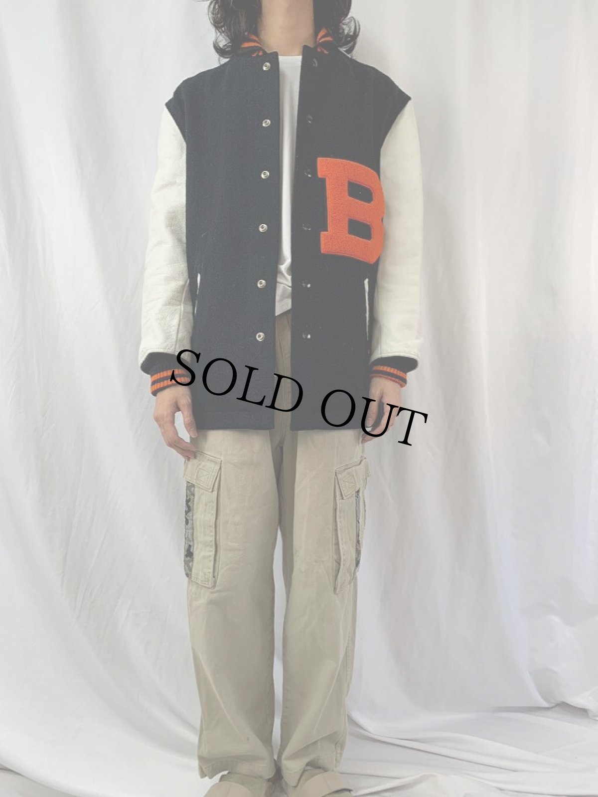 画像2: 60's WHITING ワッペン付き レザー×メルトンウールロングスタジャン BLACK SIZE44 (2)