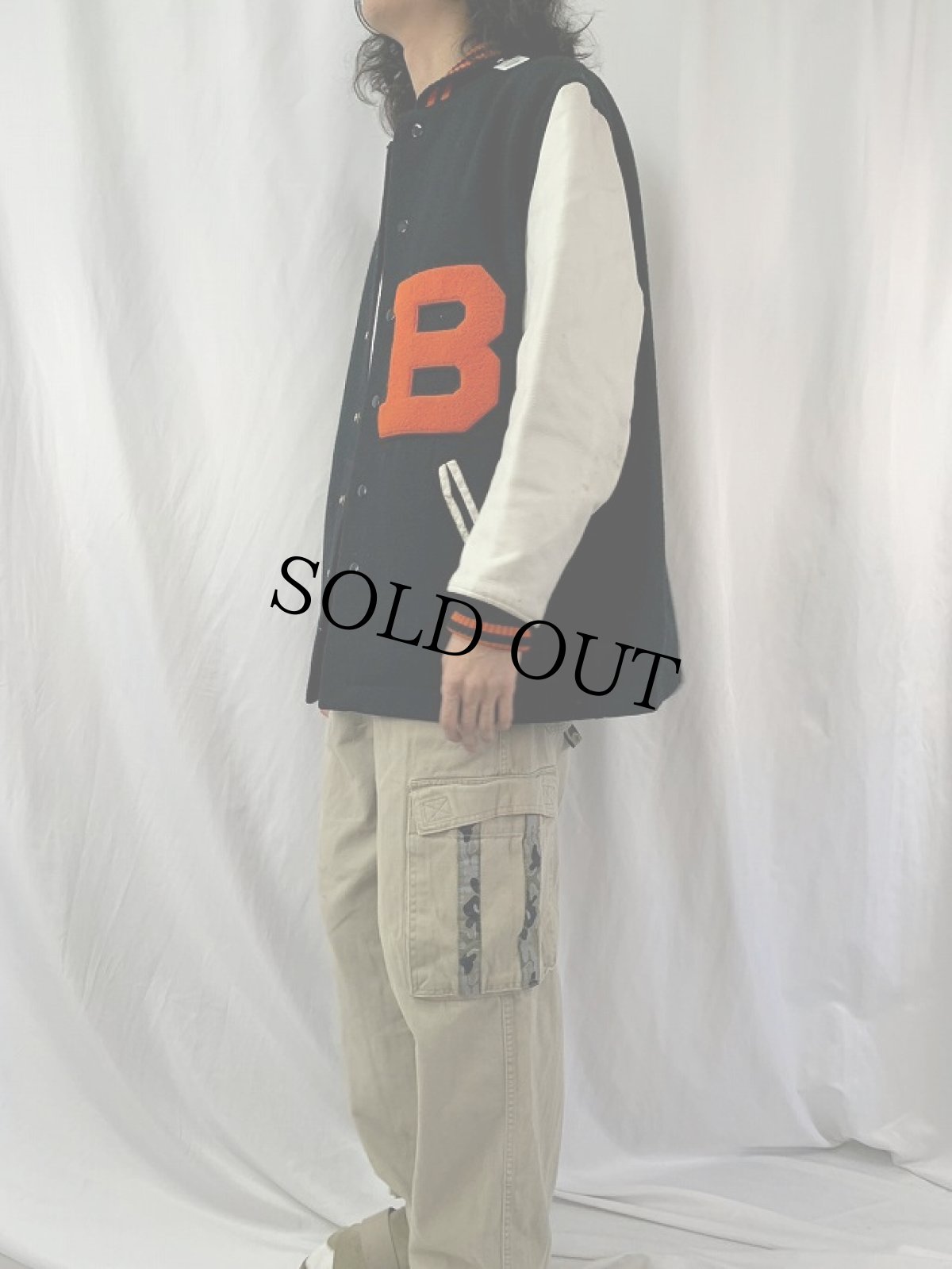 画像3: 60's WHITING ワッペン付き レザー×メルトンウールロングスタジャン BLACK SIZE44 (3)