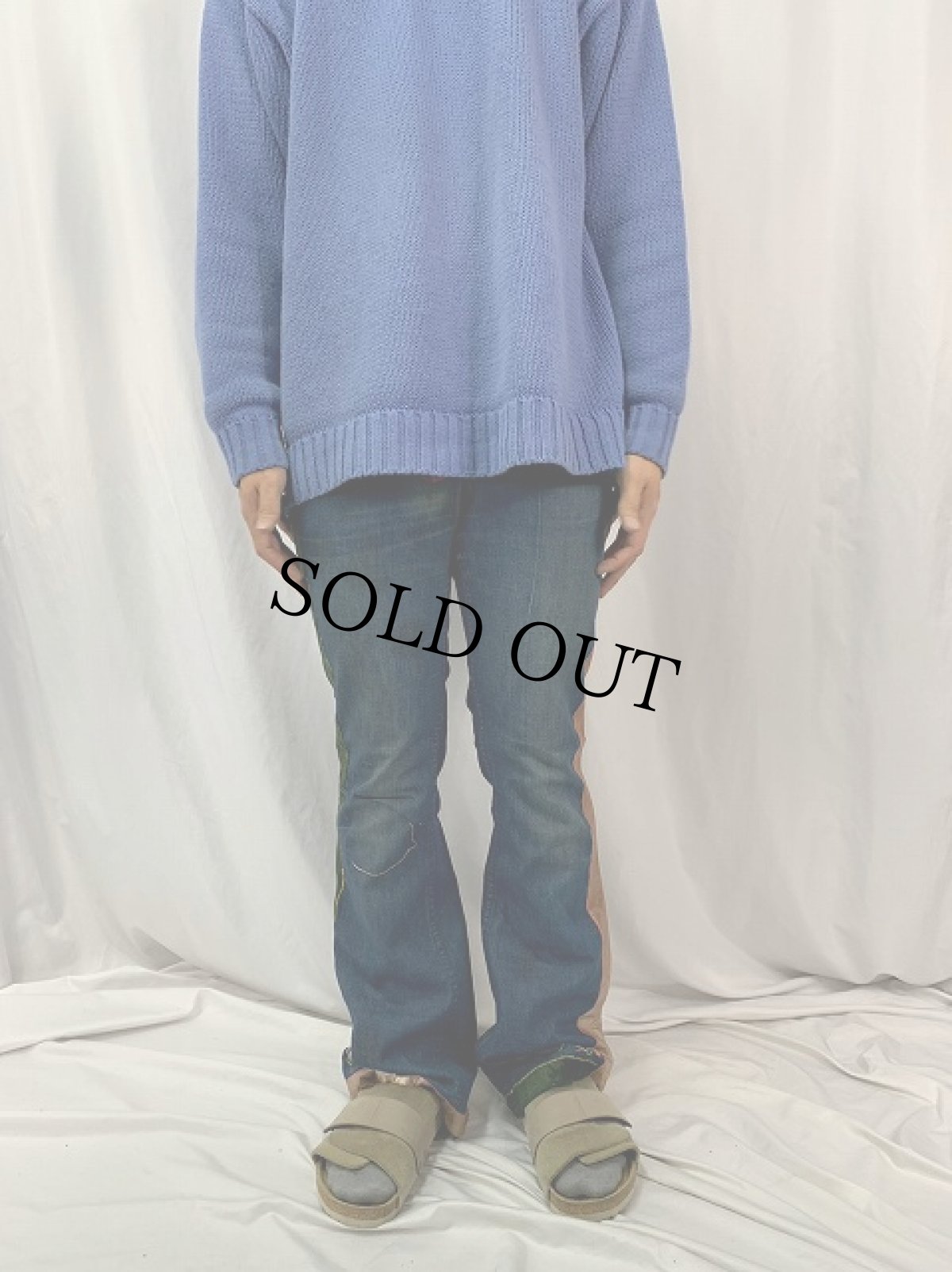 画像2: 70's 刺繍×サイドラインカスタム デニムフレアパンツ W32 (2)