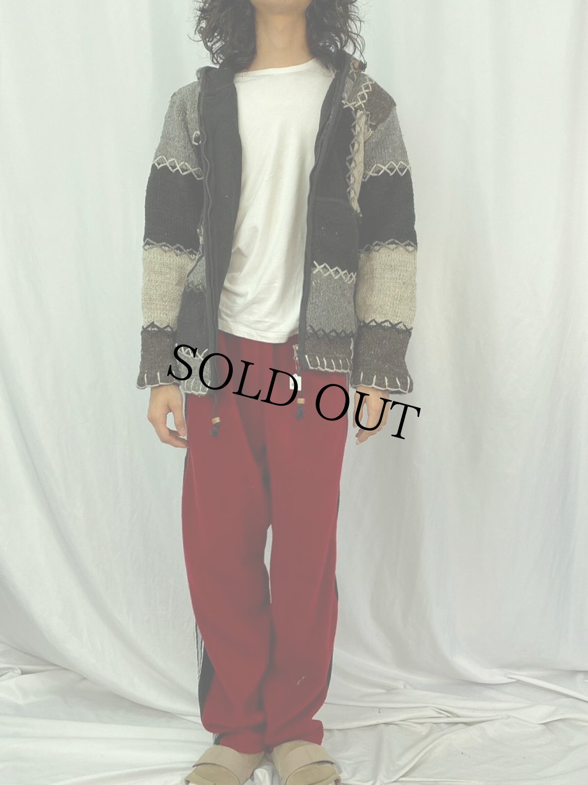 画像2: NEPAL製 切り替えデザイン ウールニットジップパーカー L (2)