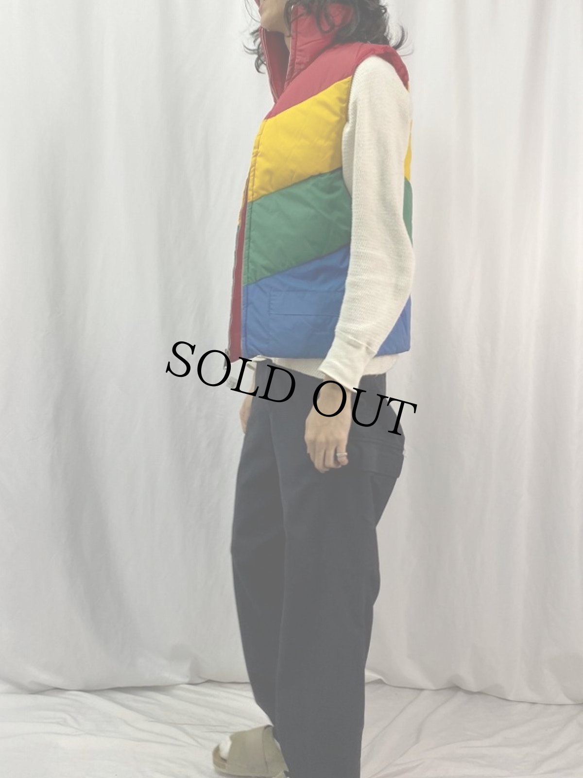 画像3: 70's マルチカラーボーダー柄 ハイネックダウンベスト (3)