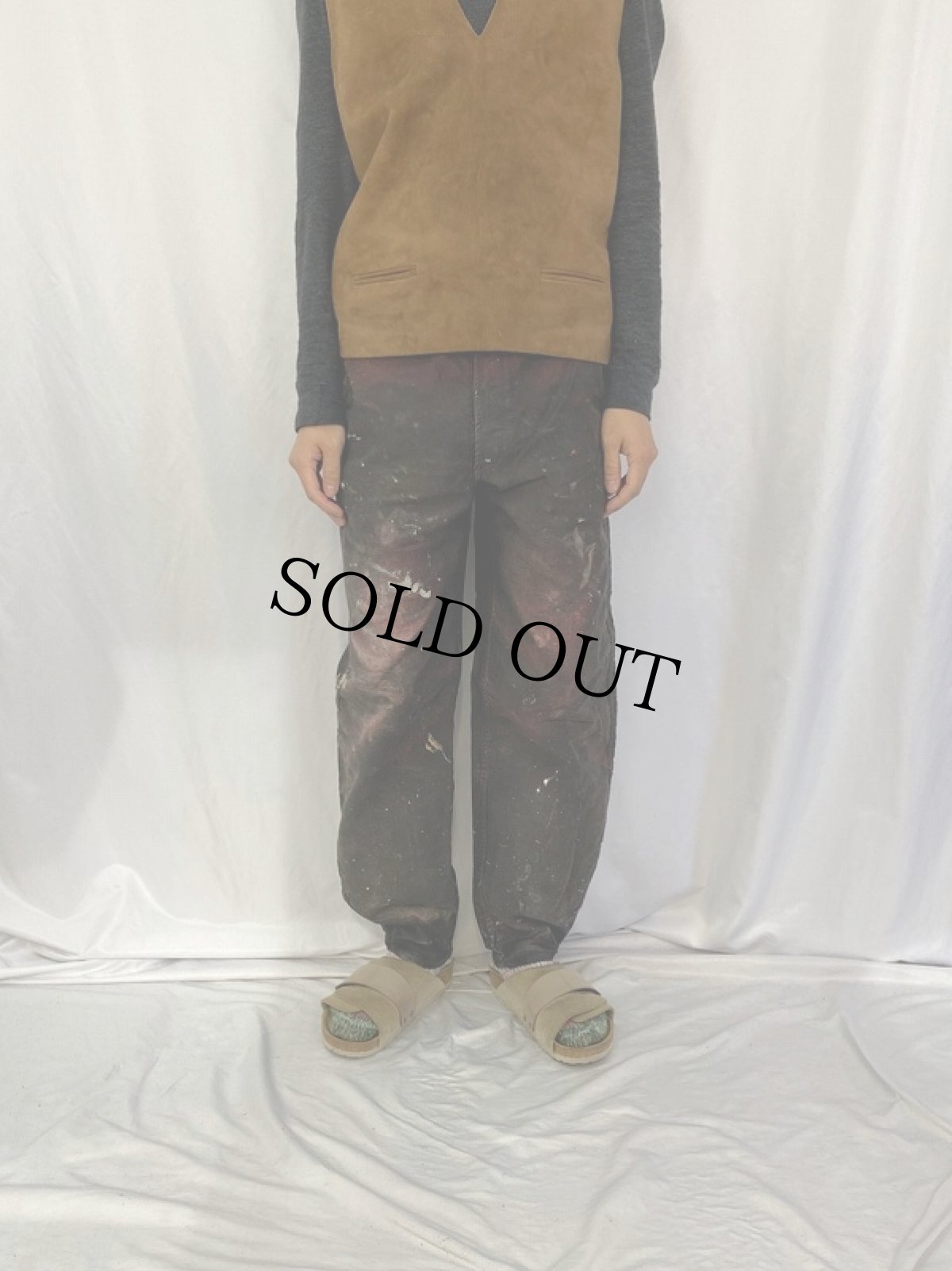 画像2: EURO ADOLPHE LAFONT ペンキペイント ブラックモールスキンワークパンツ W32 (2)