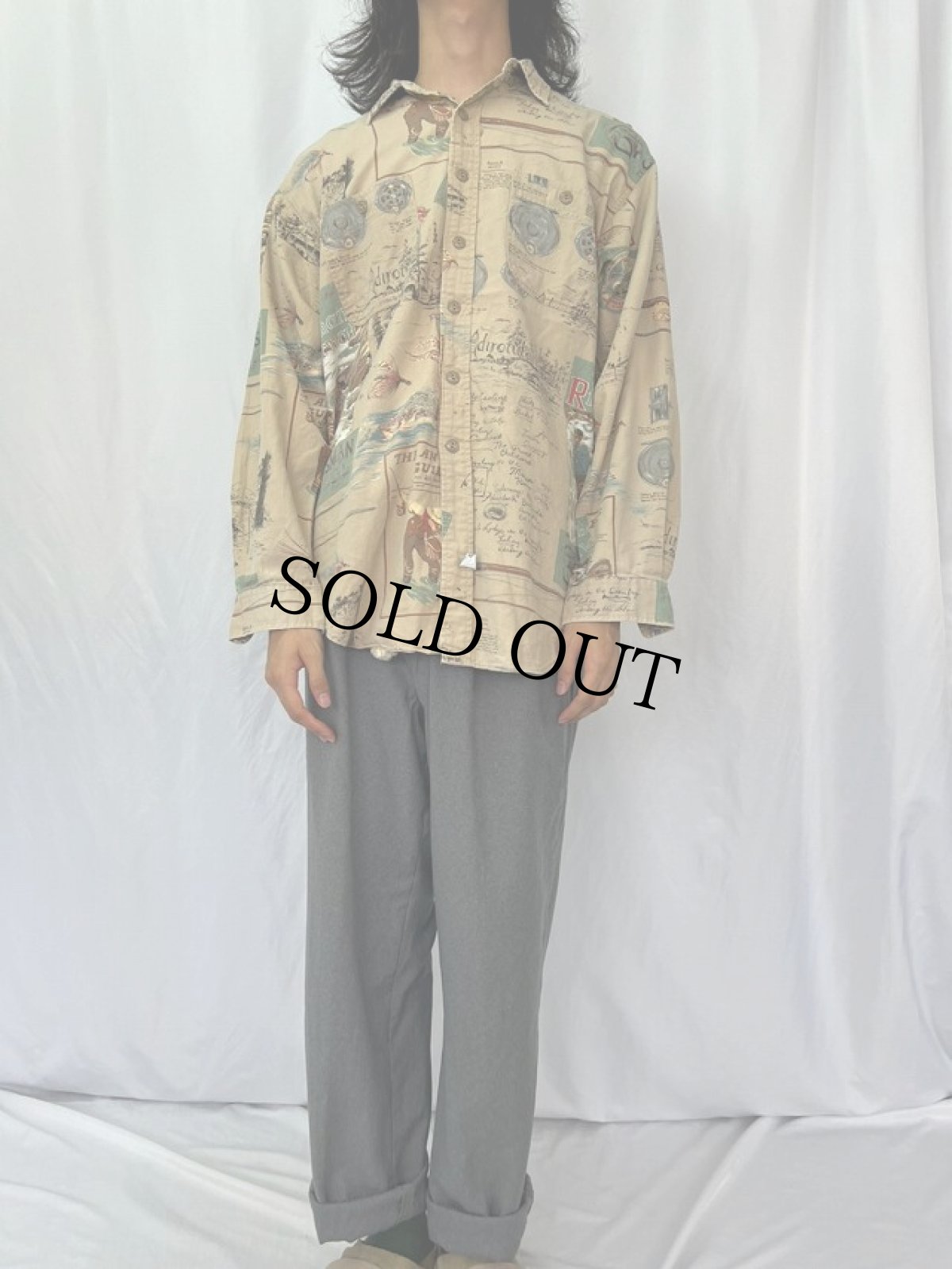 画像2: POLO Ralph Lauren フィッシング柄 コットンシャツ L (2)