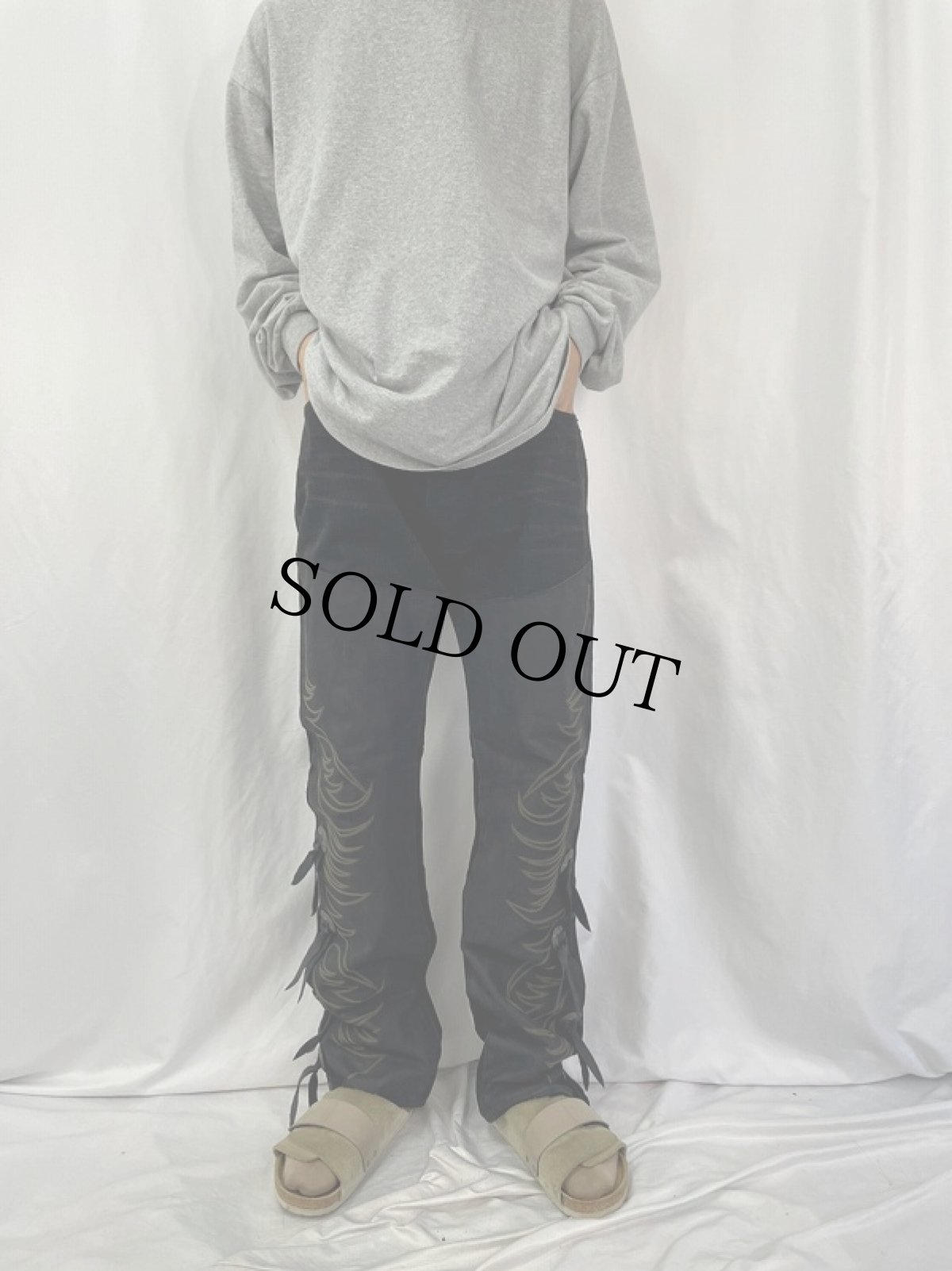 画像2: Ralph Lauren RRL レザー切り替え コンチョボタン付き ウエスタンブラックデニムパンツ W38 (2)