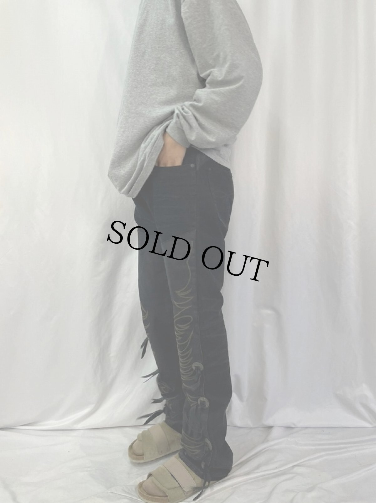 画像3: Ralph Lauren RRL レザー切り替え コンチョボタン付き ウエスタンブラックデニムパンツ W38 (3)