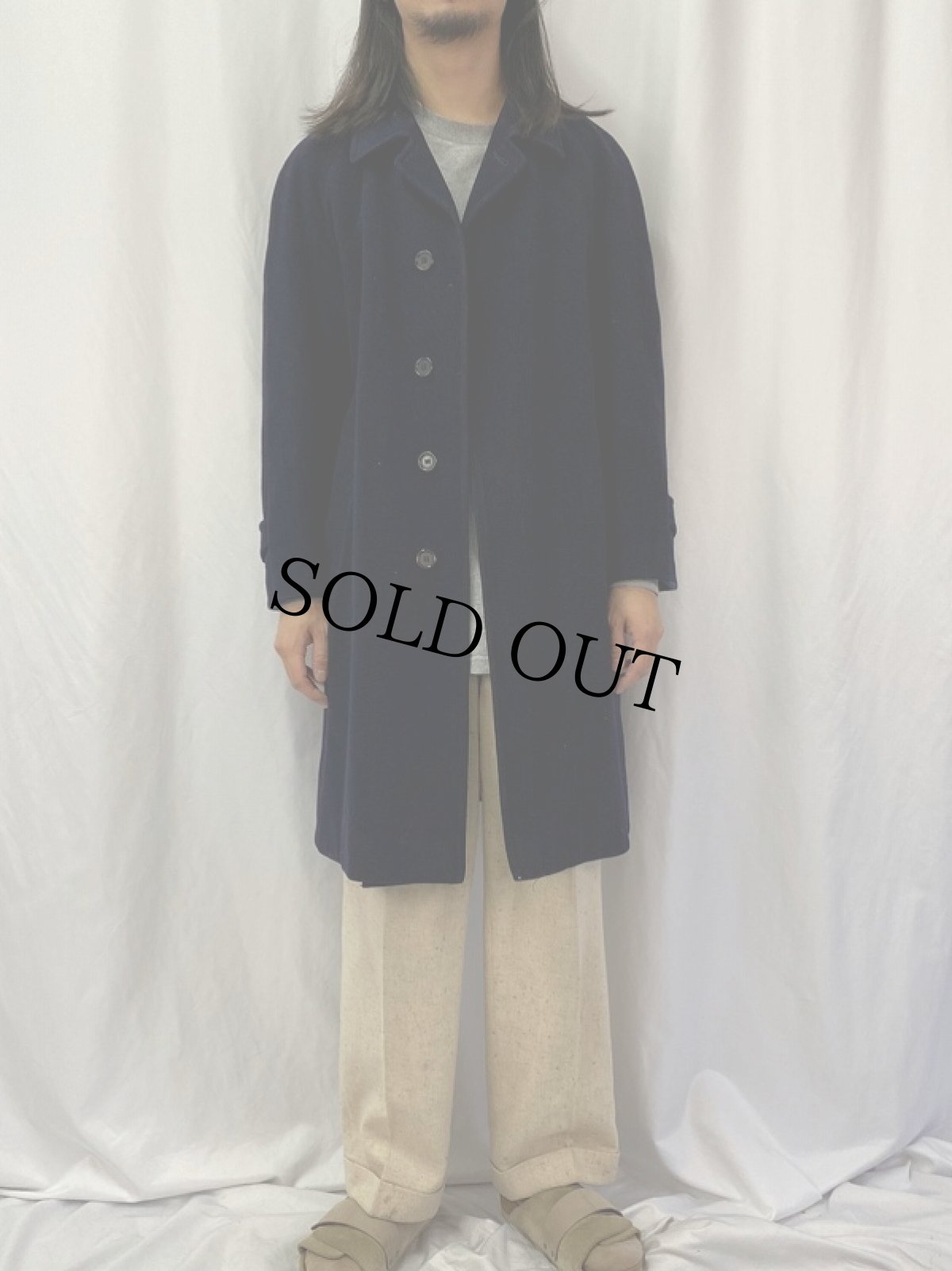 画像2: 80's Burberrys' ENGLAND製 ウール×キャメル ツイードステンカラーコート NAVY (2)