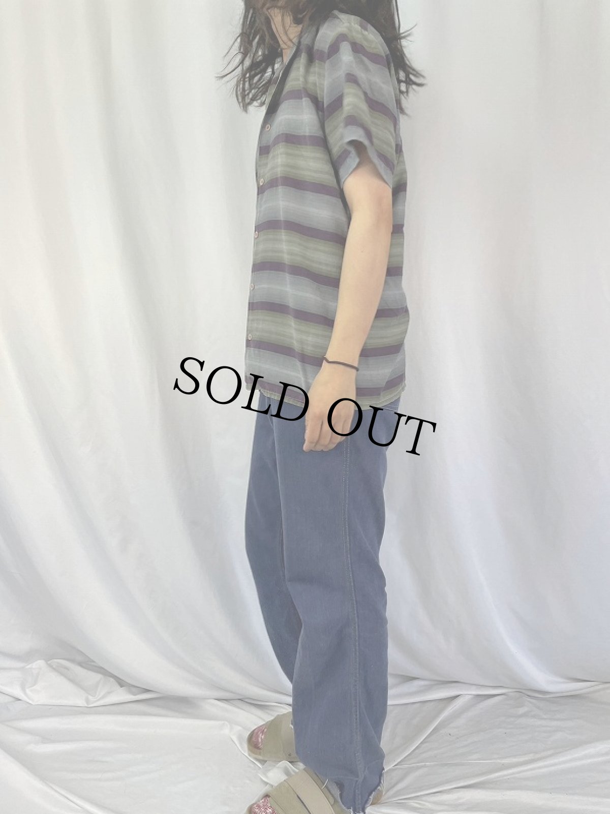 画像3: 80’s USA製 ボーダー柄 オープンカラーレーヨンシャツ L (3)