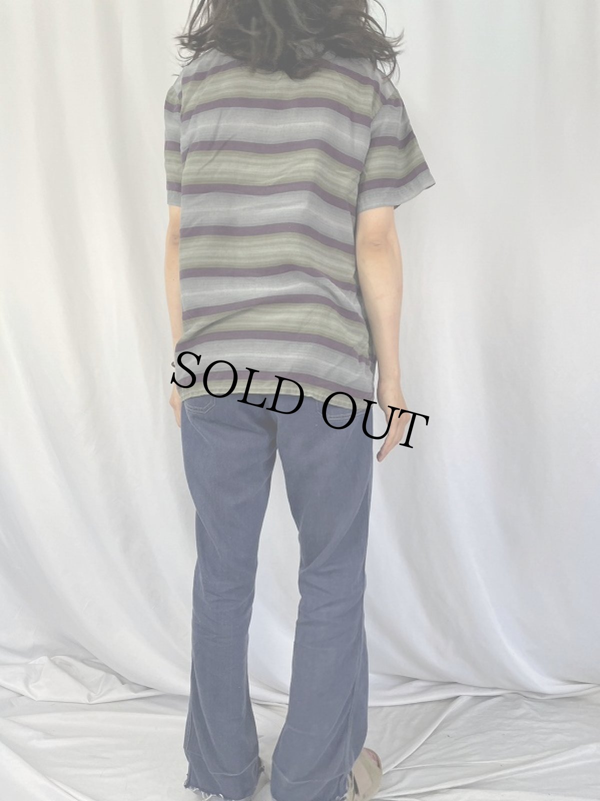 画像4: 80’s USA製 ボーダー柄 オープンカラーレーヨンシャツ L (4)