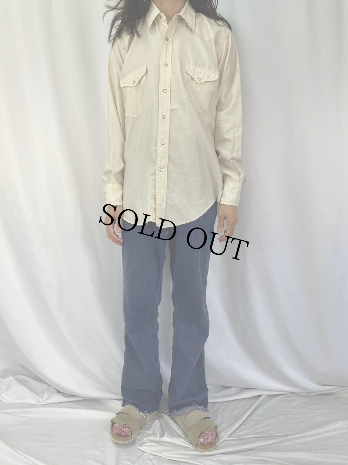 画像2: 70's Wrangler USA製 "PERMANENT PRESS" 柄織 ポリエステルウエスタンシャツ SIZE16 (2)