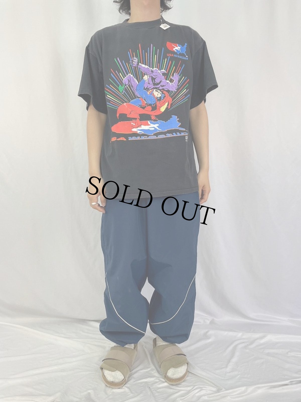 画像2: 90's SUPERMAN "USA wrestling" キャラクタープリントTシャツ BLACK L (2)