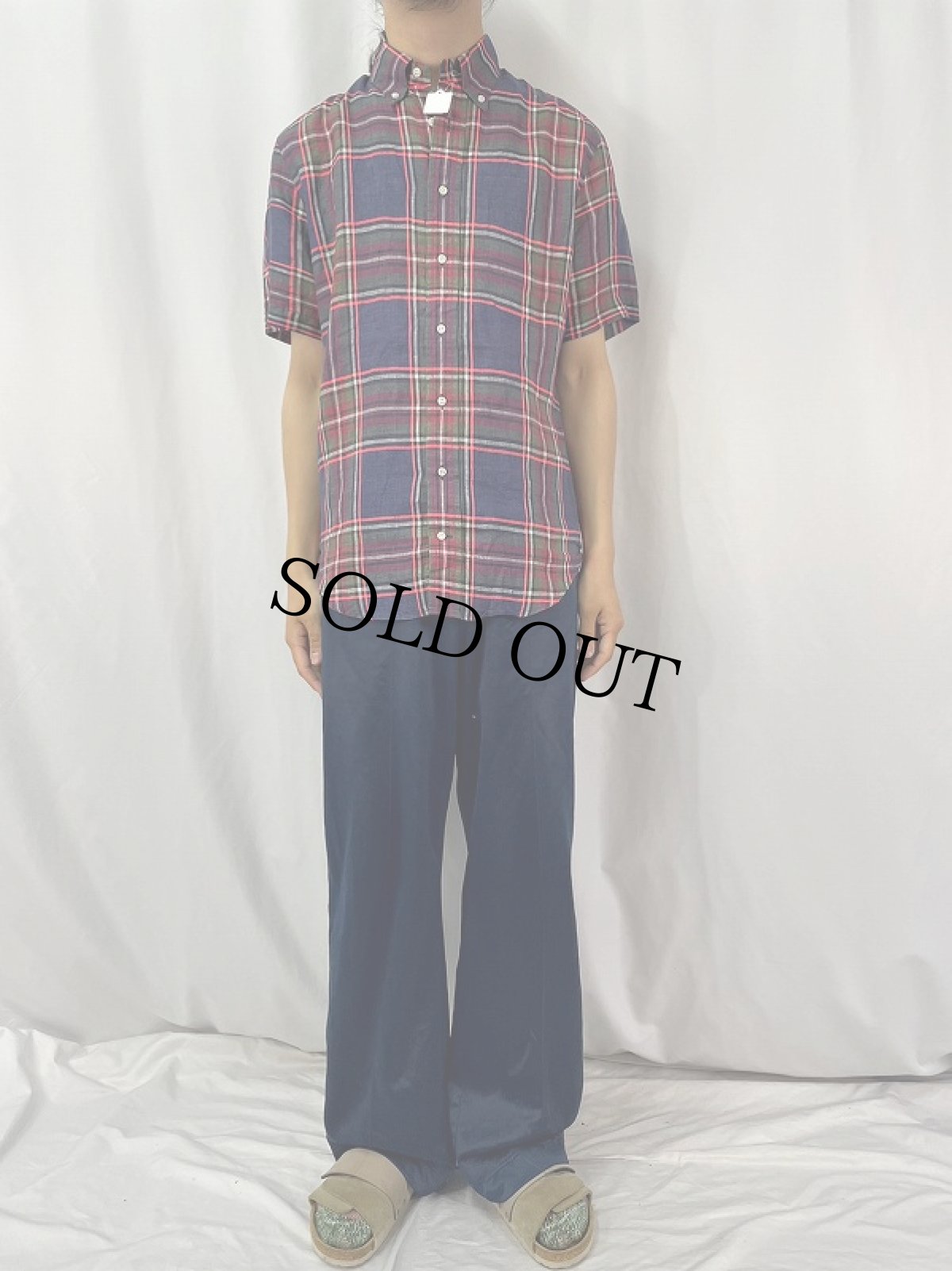 画像2: 90's GITMAN BROS USA製 チェック柄 リネンボタンダウンシャツ M (2)