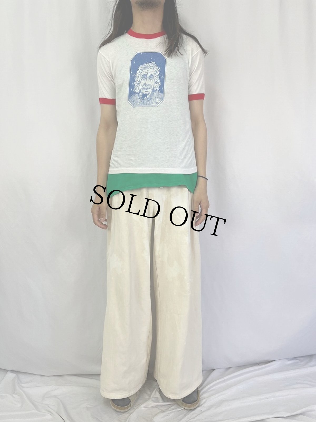 画像2: 80's Albert Einstein USA製 イラストプリントリンガーTシャツ M (2)