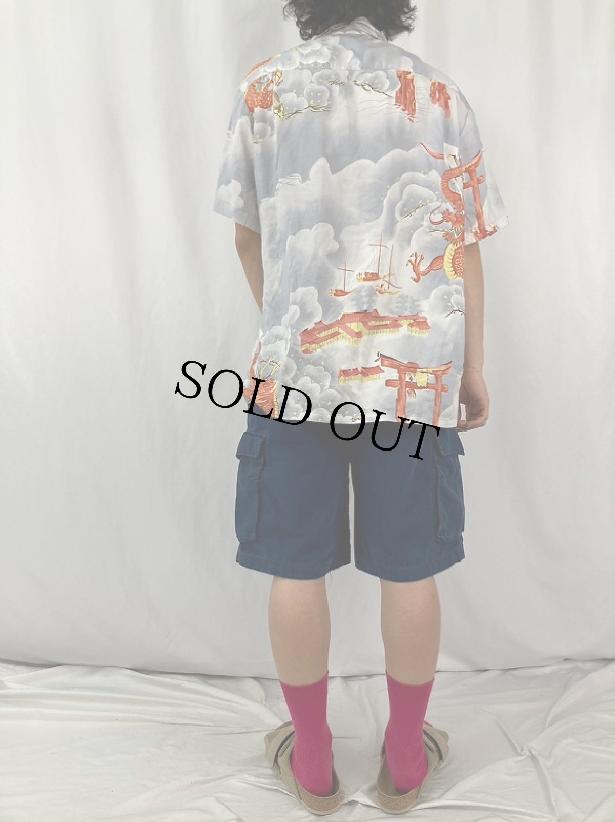 画像4: 70〜80's KENNINGTON "龍×鳥居" オールオーバーパターン レーヨンアロハシャツ M (4)