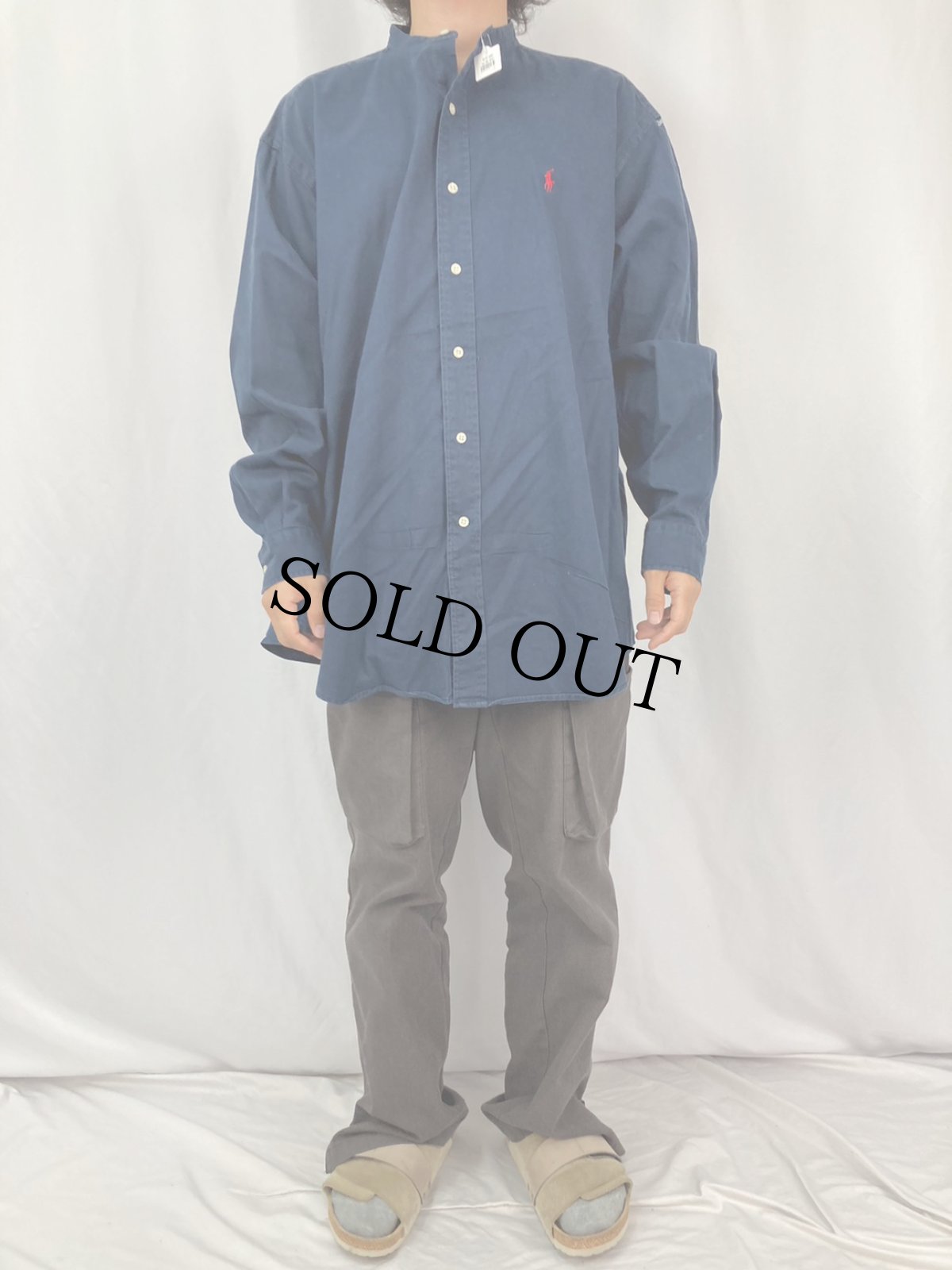 画像2: 90's〜 POLO Ralph Lauren "POSTBOY" バンドカラーコットンシャツ NAVY L (2)