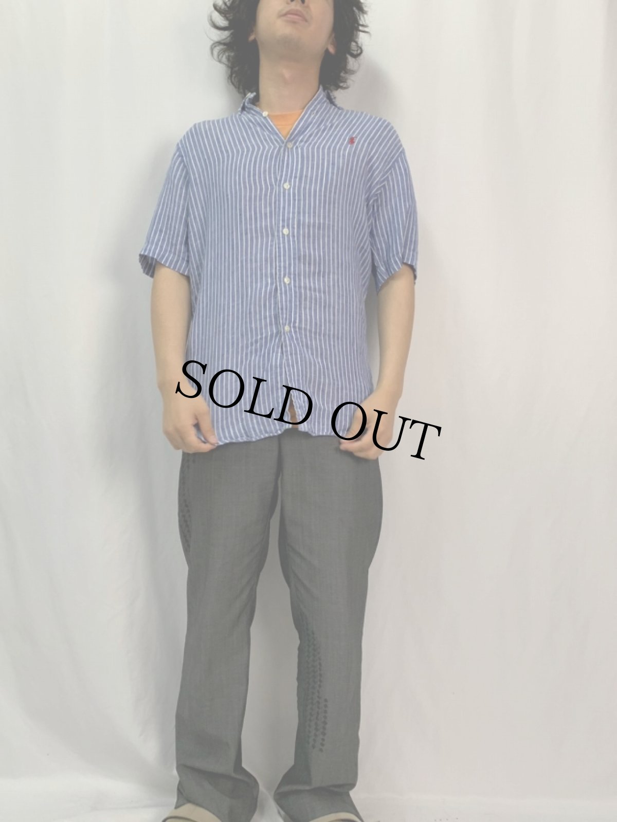 画像2: POLO Ralph Lauren "CLASSIC FIT " ストライプ柄 ボタンダウンリネンシャツS (2)