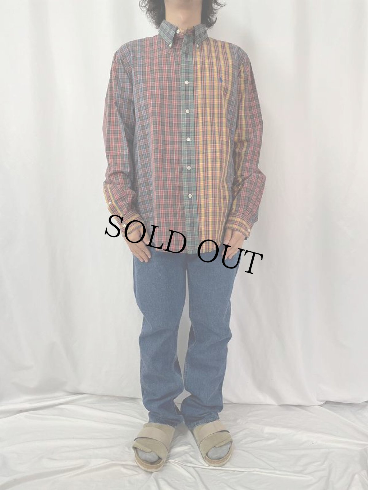 画像2: POLO Ralph Lauren ”CUSTOM FIT" チェック柄 クレイジーパターンコットンボタンダウンシャツ L (2)