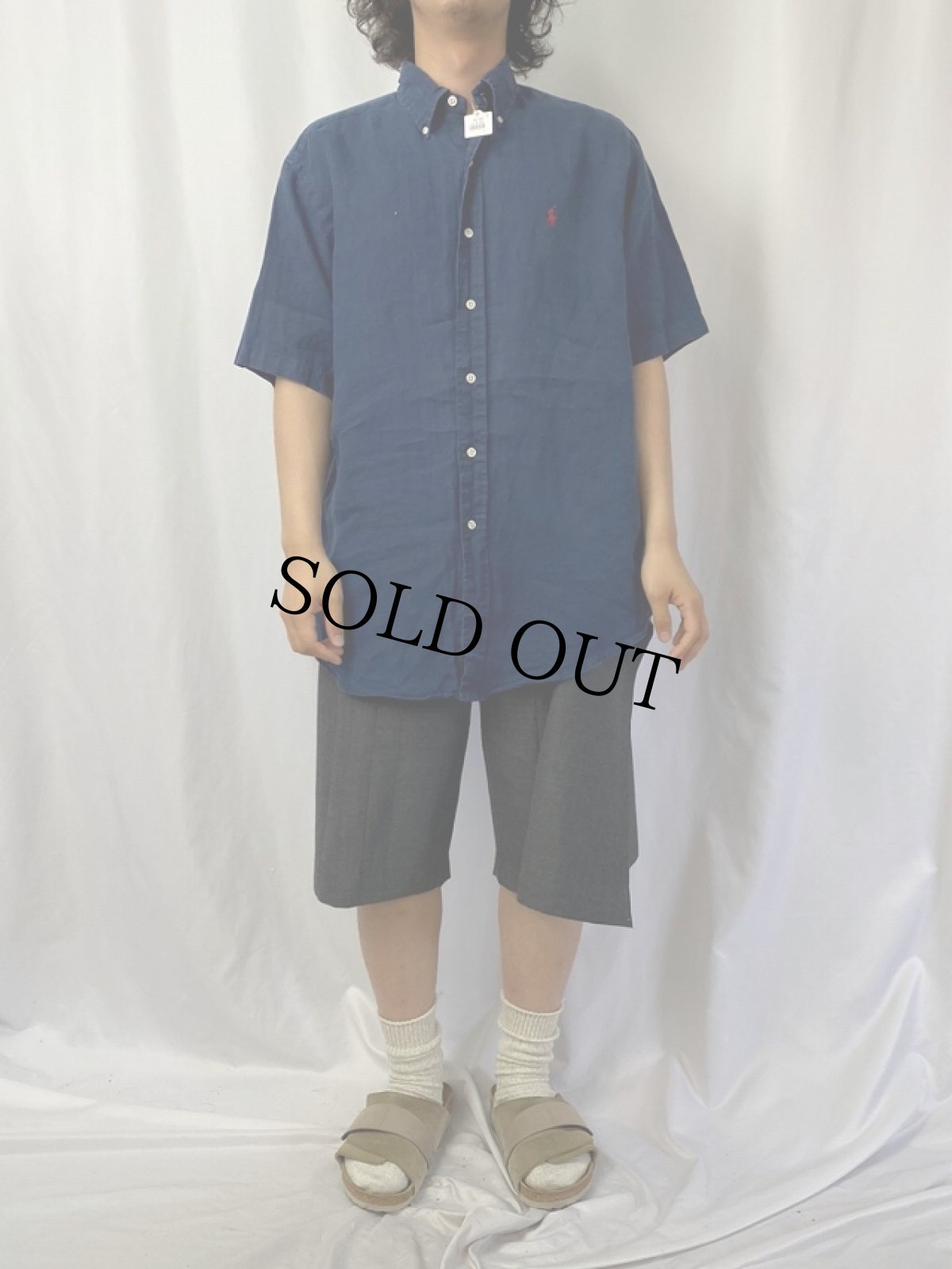 画像2: Ralph Lauren "CLASSIC FIT" ボタンダウンリネンシャツ NAVY M (2)