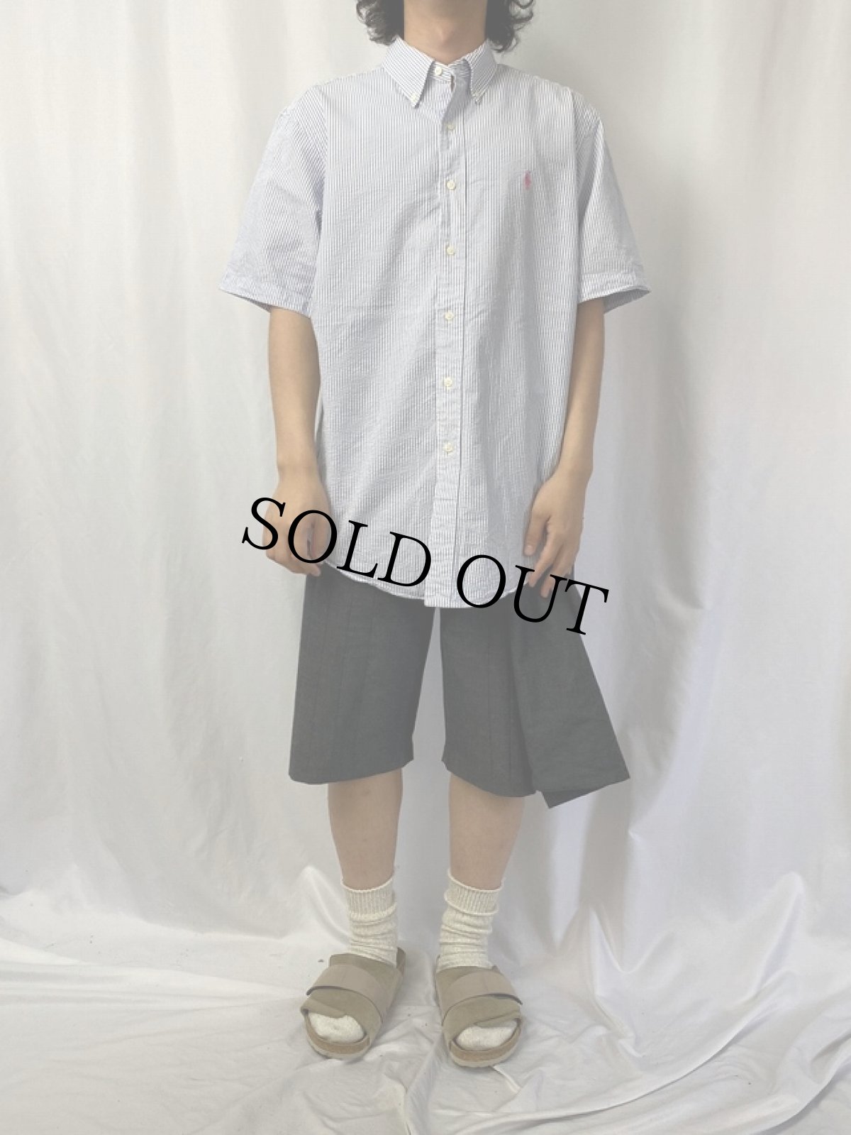 画像2: Ralph Lauren "CLASSIC FIT" ストライプ柄 コットンシアサッカーボタンダウンシャツ L (2)