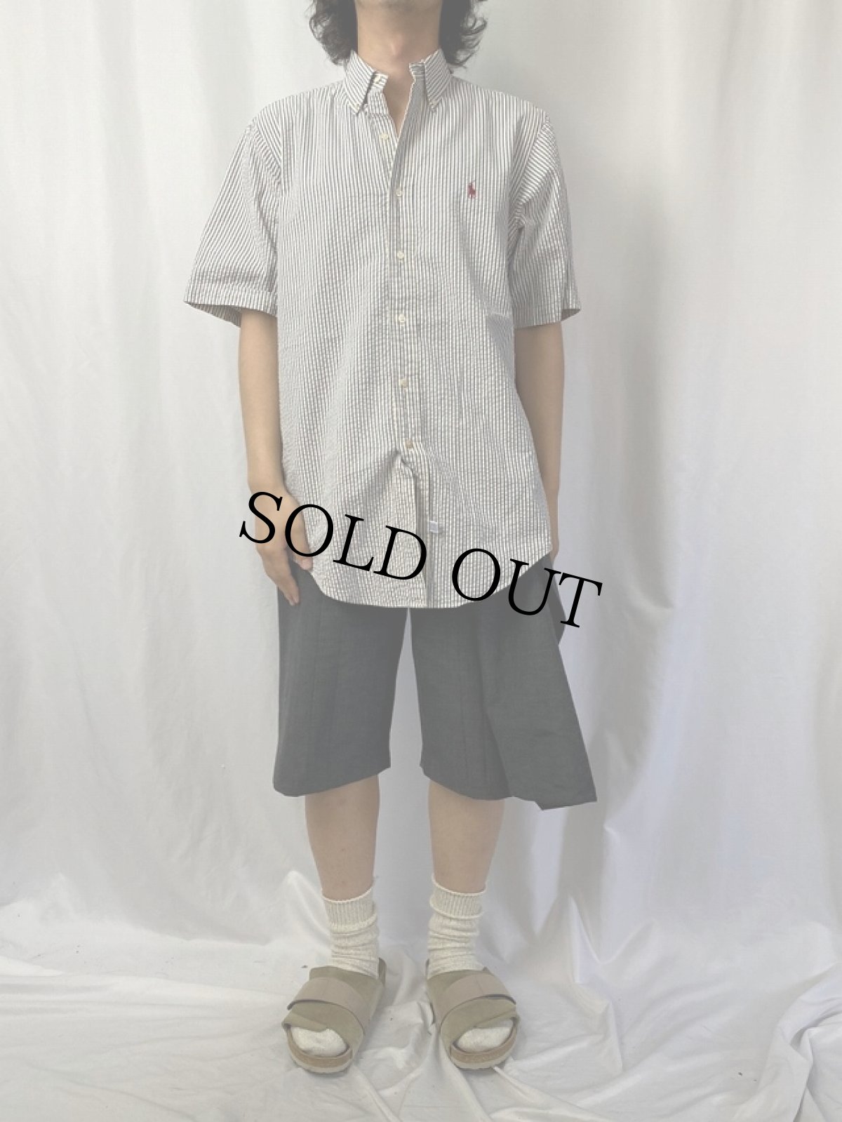 画像2: 90's Ralph Lauren ストライプ柄 コットンシアサッカーボタンダウンシャツ M (2)