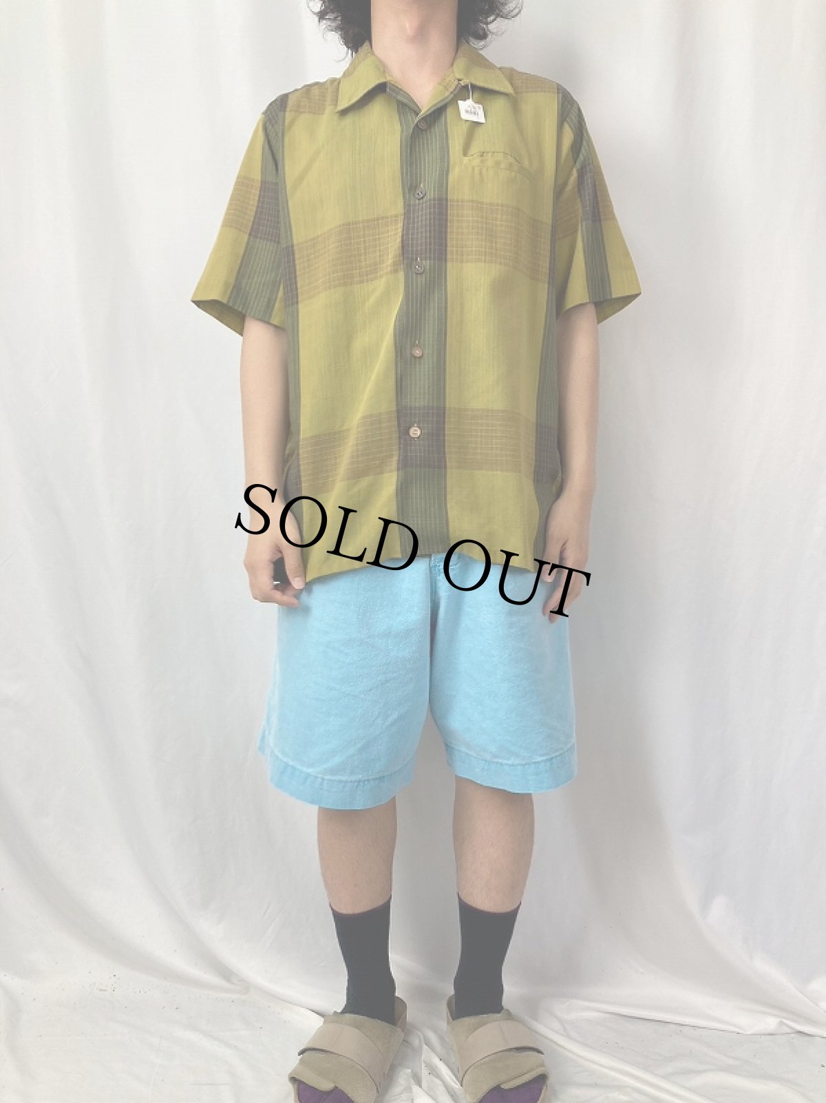 画像2: 60〜70's BRENT チェック柄 コットンポリ オープンカラーシャツ L (2)