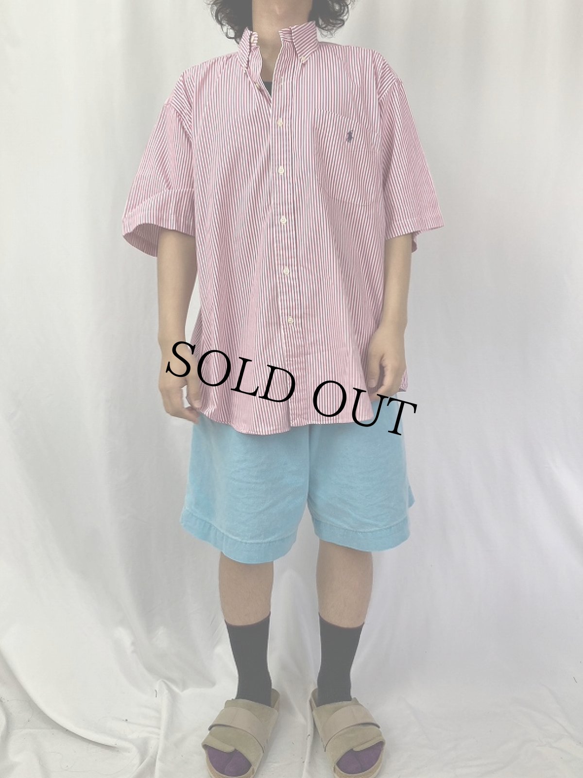 画像2: POLO Ralph Lauren "BIG SHIRT" ストライプ柄 ロゴ刺繍ボタンダウンコットンシャツ L (2)