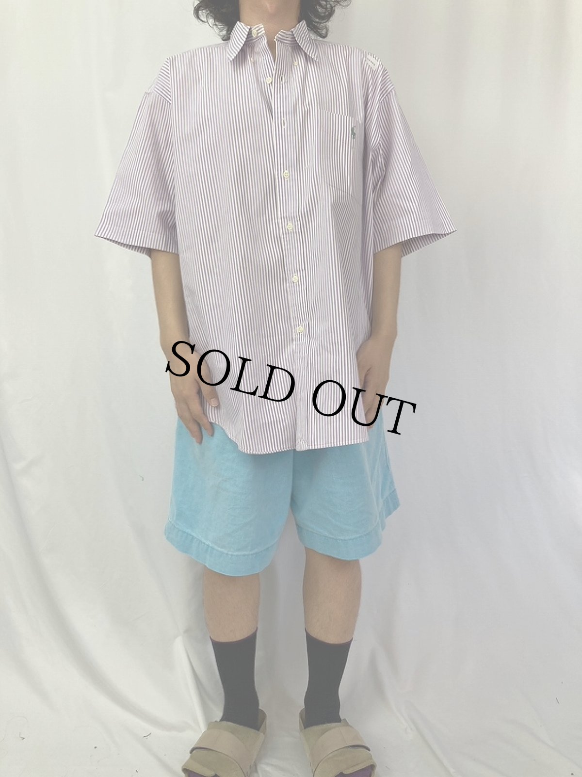 画像2: POLO Ralph Lauren "BIG SHIRT" ストライプ柄 ロゴ刺繍ボタンダウンコットンシャツ L (2)